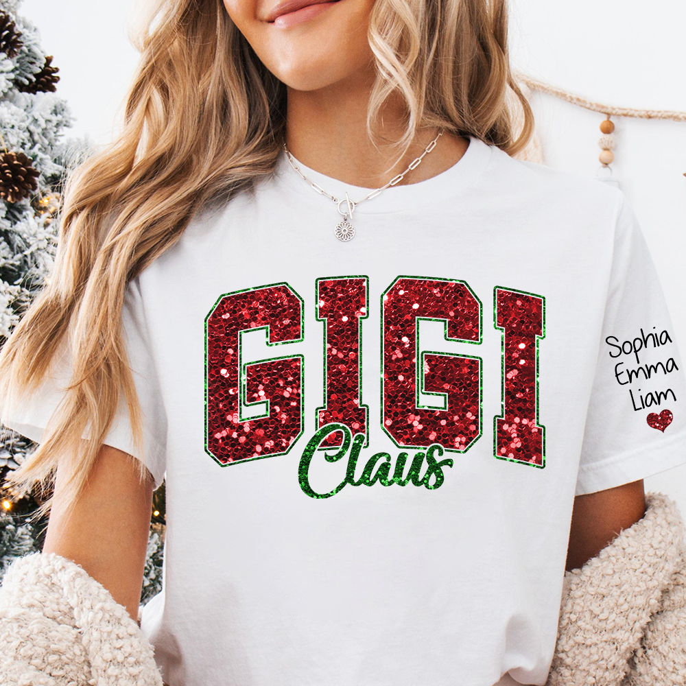 Custom Sequin Applique Embroidered Gigi Claus Christmas And Kids name T-Shirt