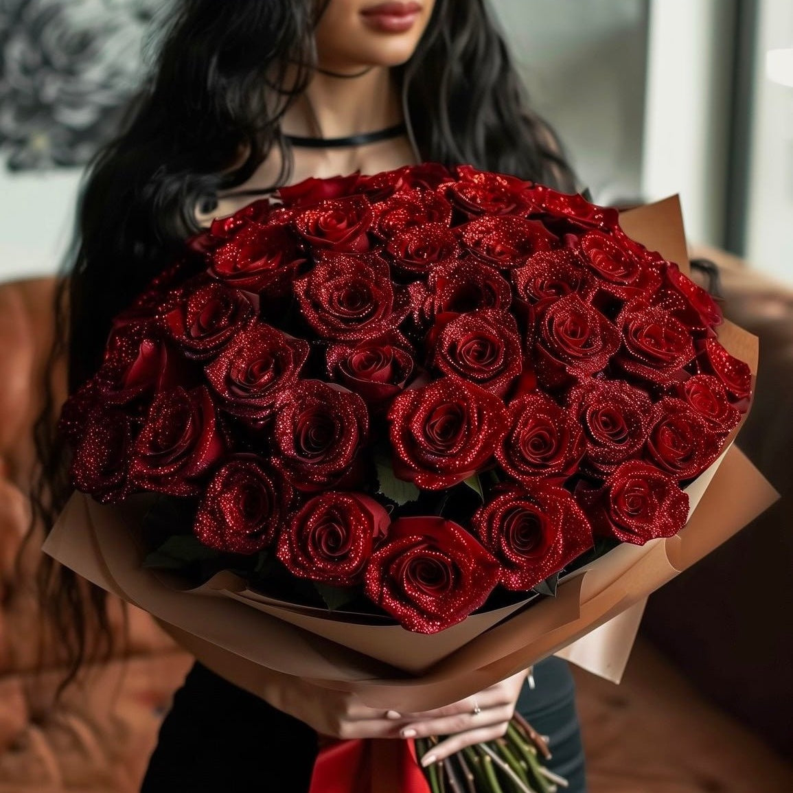 💕Glitter Red Rose Bouquet💕 - An Ideal Expression of Love(Ships Within 24 Hours - Buy More Save More) | Valentines Flower Couple Anniversary Gift