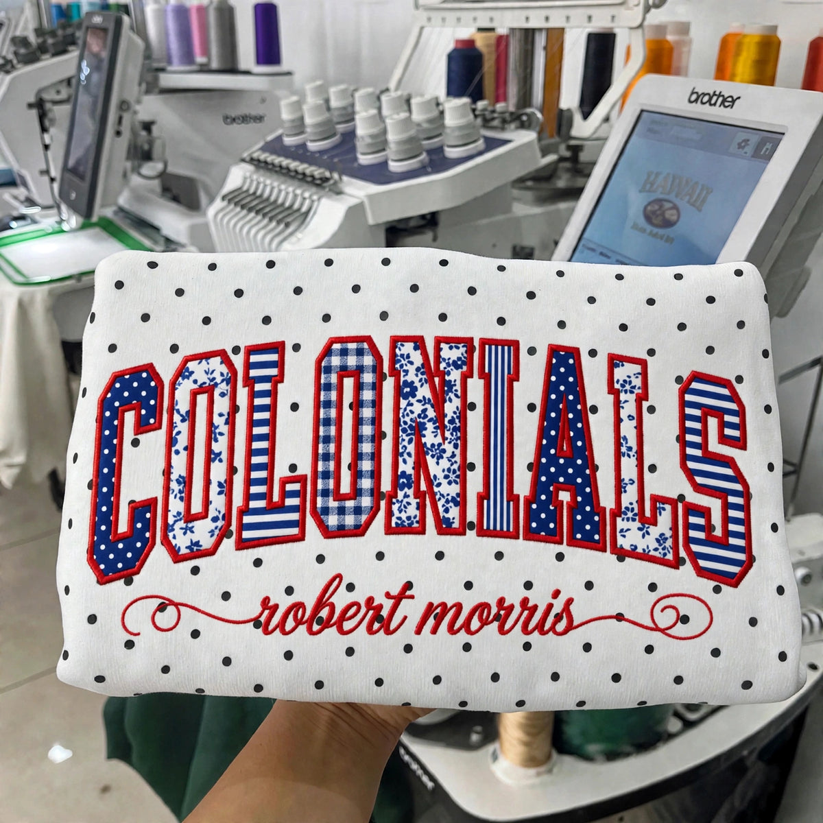 Custom College Hockey Team Patchwork Embroidered Polka Dot Sweatshirt | Hockey Fan Game Day Gear