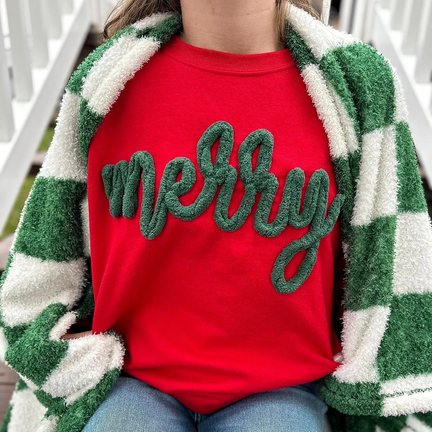 Custom Chenille Yarn Embroidered Merry Sweatshirt