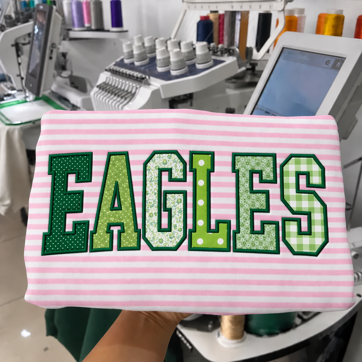 Custom Patchwork Fabric Embroidered Stripe Mockneck Team and School Name Applique Varsity Letters