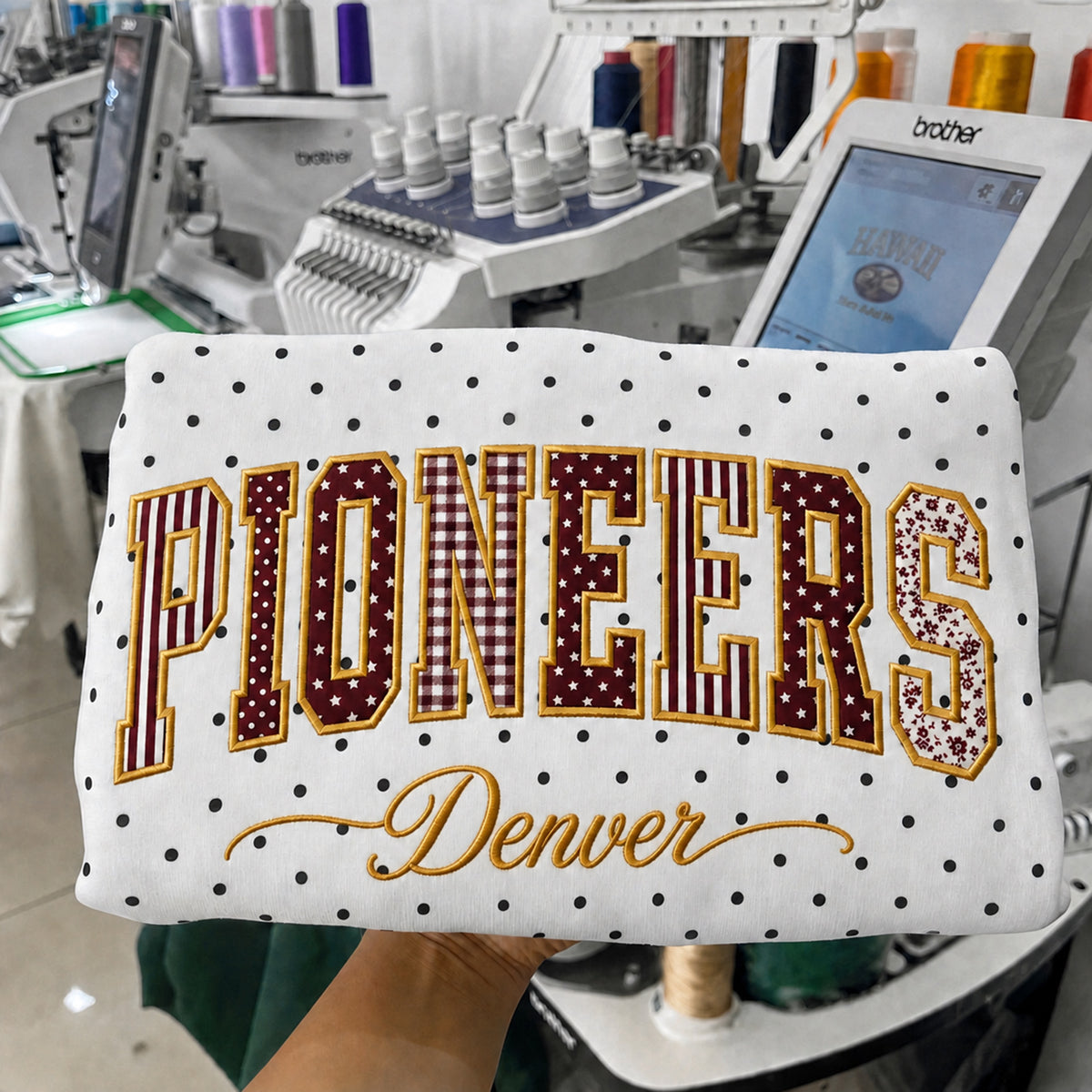 Custom College Hockey Team Patchwork Embroidered Polka Dot Sweatshirt | Hockey Fan Game Day Gear