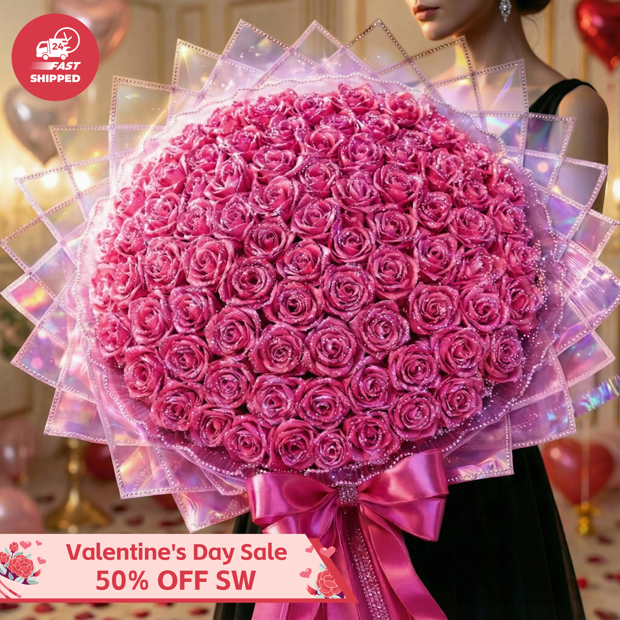💕Glitter Pink Rose Bouquet💕 - An Ideal Expression of Love(Ships Within 24 Hours - Buy More Save More) | Valentines Flower Couple Anniversary Gift