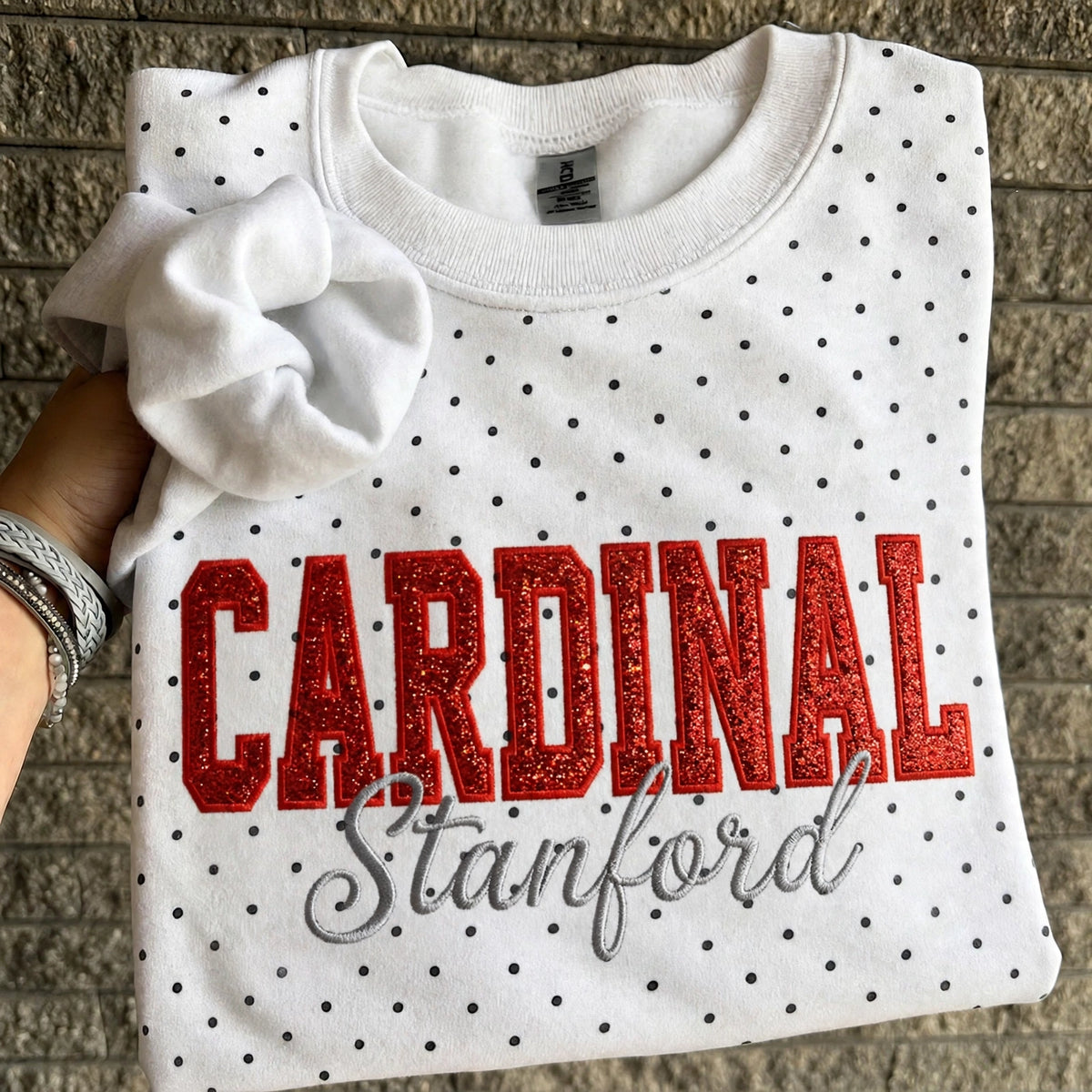Custom Embroidered College Team Glitter Vinyl Polka Dot Sweatshirt - Game Day Best Gear | Sports Lover Gift