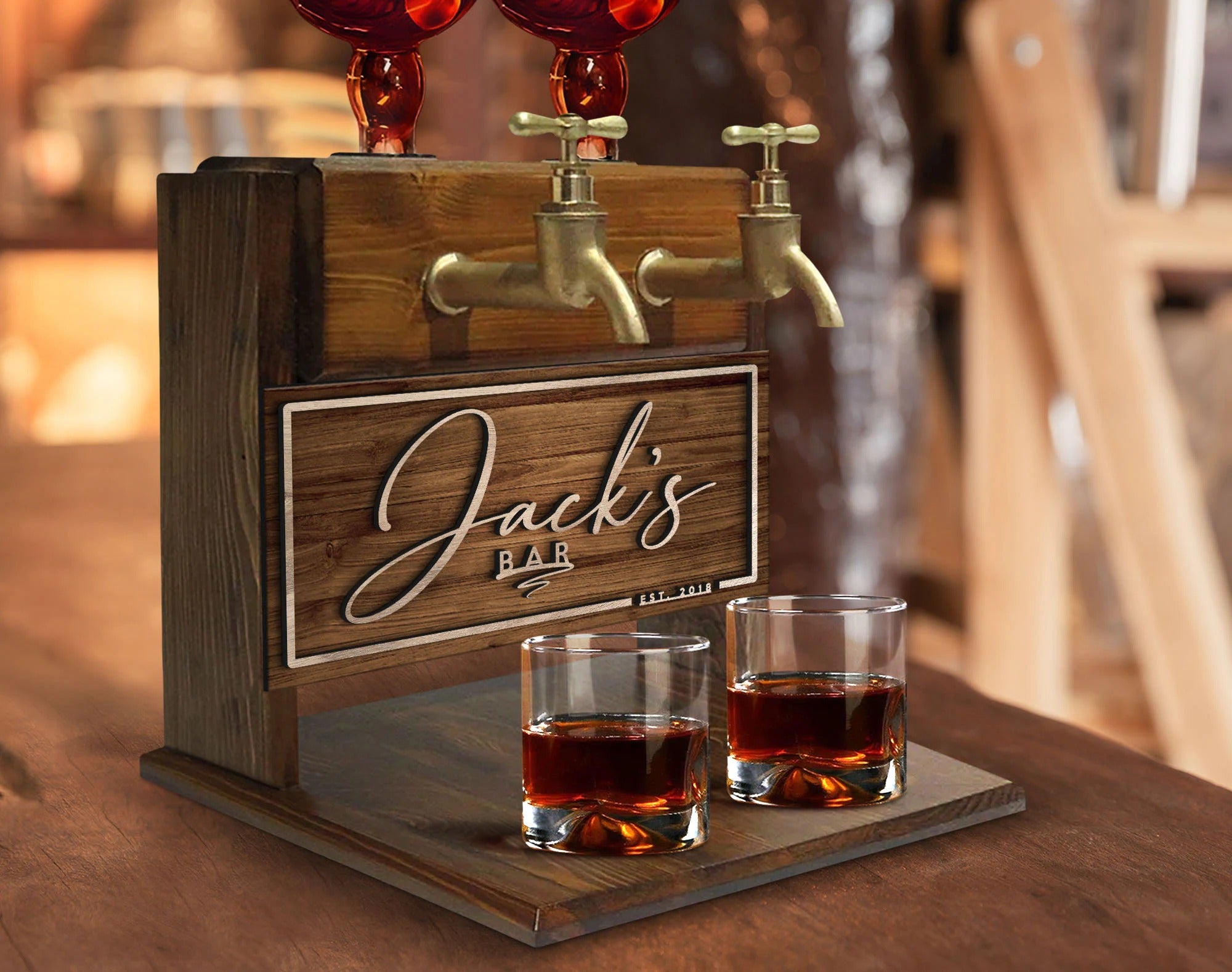 Personalized Embossed Named Wooden Double Faucet Whiskey Dispenser, Bar, Home Bar, Pub and Pub Shed, Wine, Vodka, Liquor Dispenser, Fountain