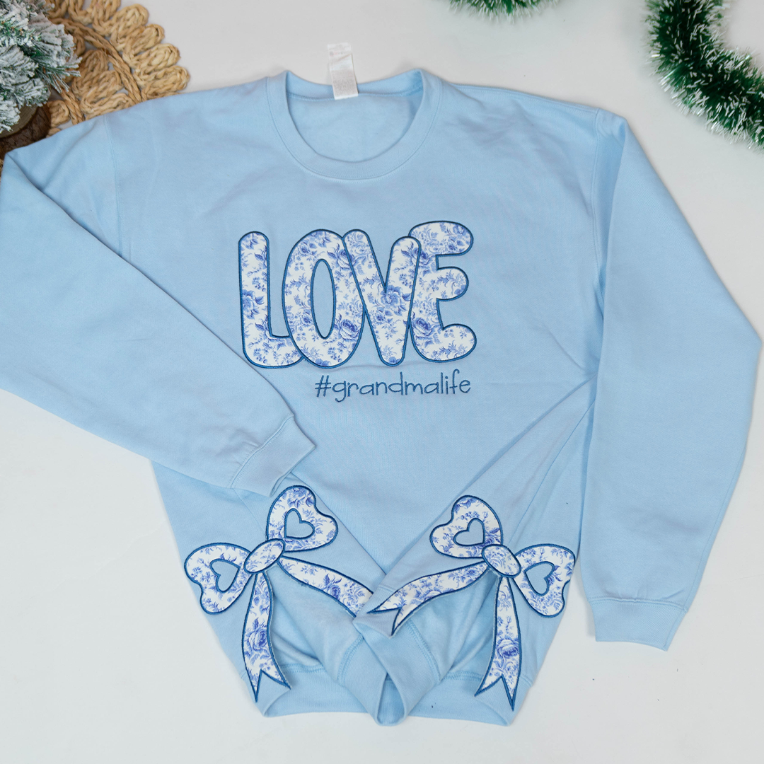 Custom Love Grandma Floral Applique Embroidered Christmas Bow Embellished Sweatshirt