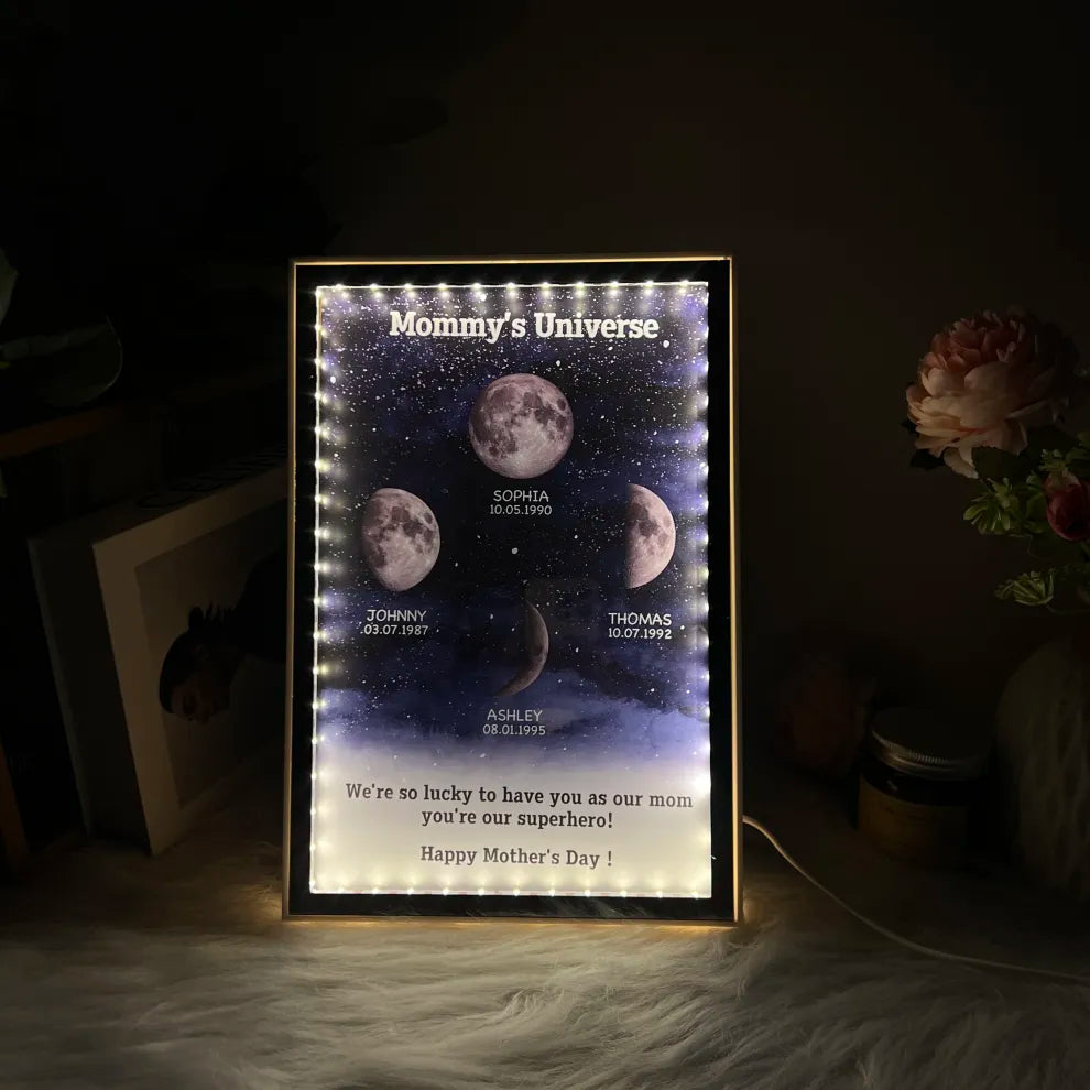 Mommy's Universe | Personalised Starry Moon Phase Mirror Lightboxes | Gift For MOM | Mother's Day Gift
