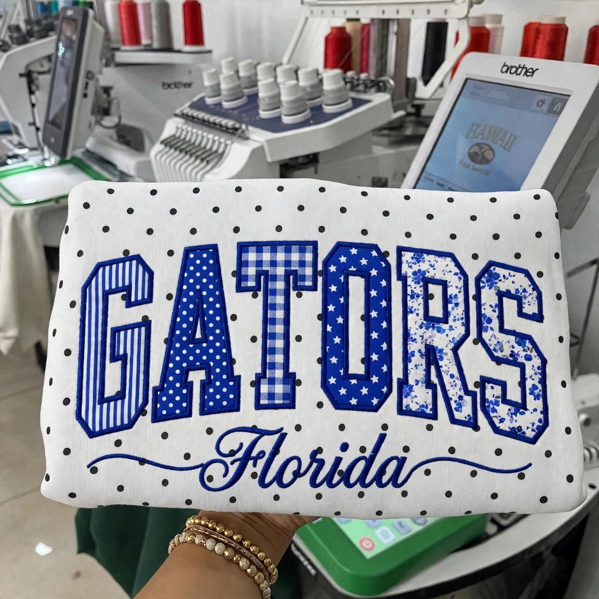 Custom College Football Team Patchwork Fabric Embroidered Polka Dot Sweatshirt Team and School Name Applique Varsity Letters | Game Day Wear