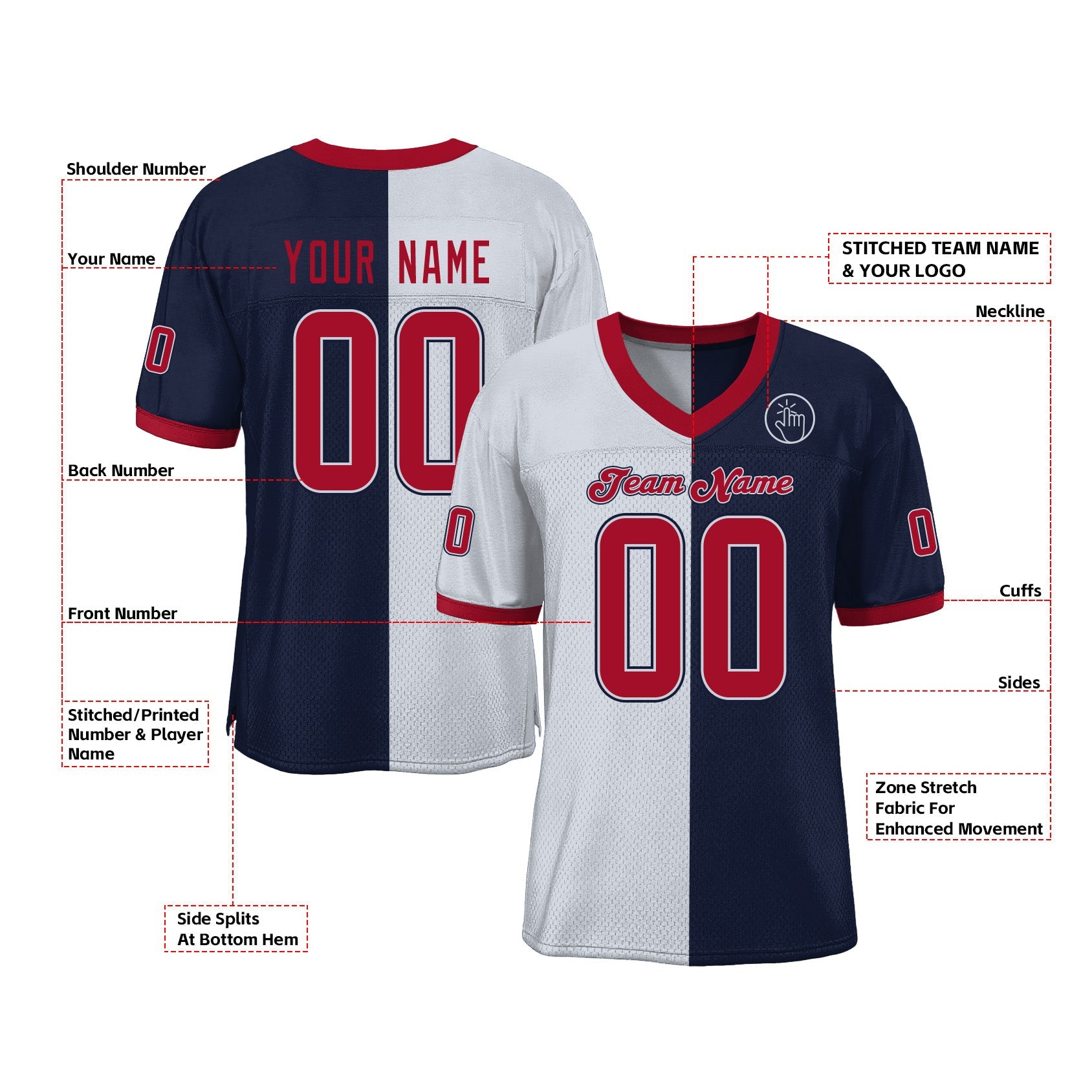 Custom Navy Red-White Mesh Split Fashion Classic Style Authentic Sports Football Jersey
