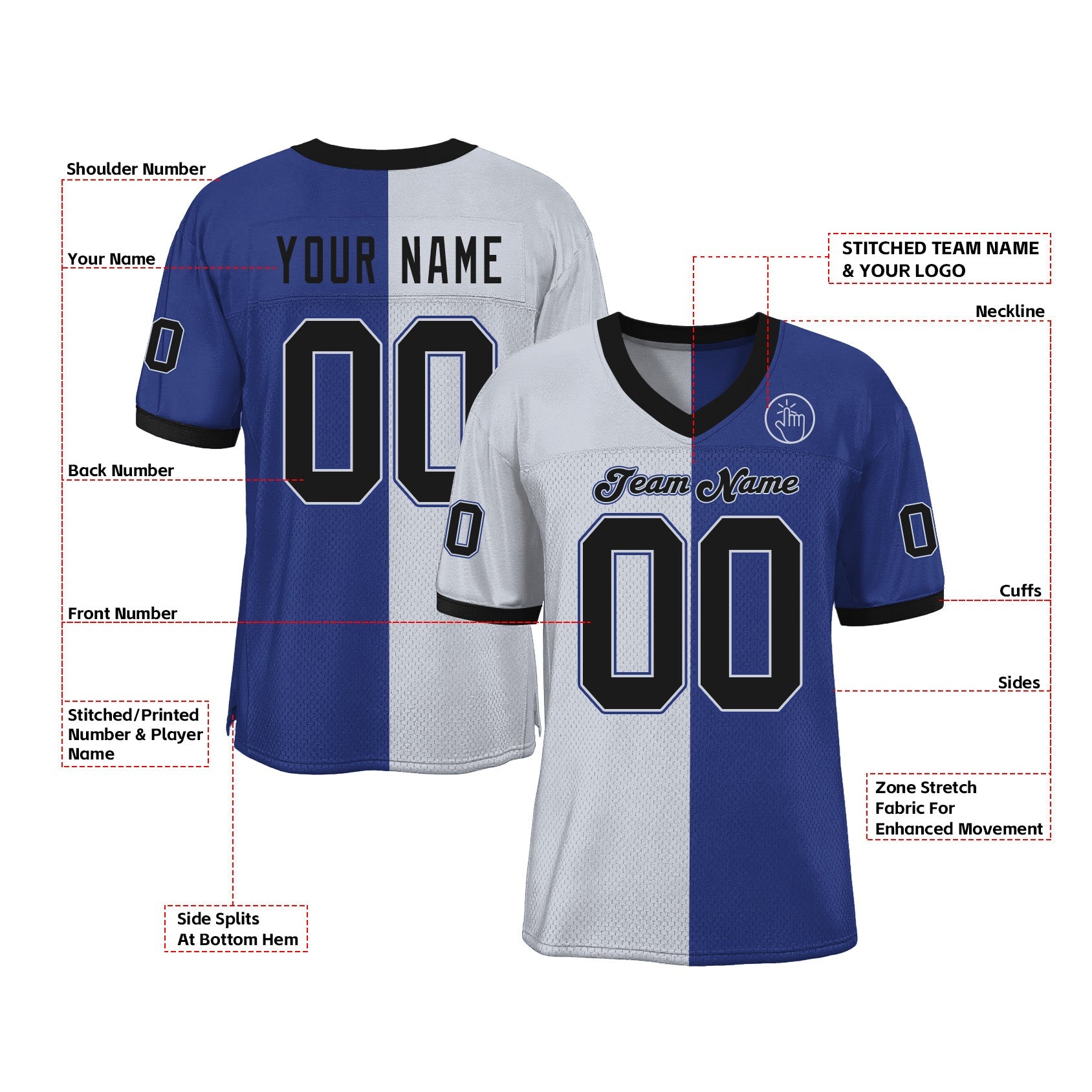 Custom Royal Black-White Mesh Split Fashion Classic Style Authentic Sports Football Jersey