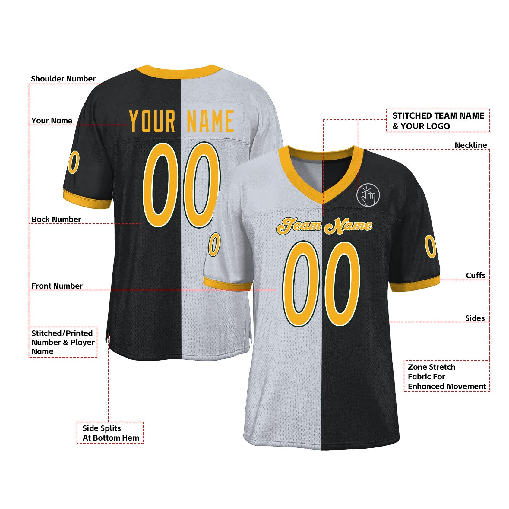 Custom Black Gold-White Mesh Split Fashion Classic Style Authentic Sports Football Jersey