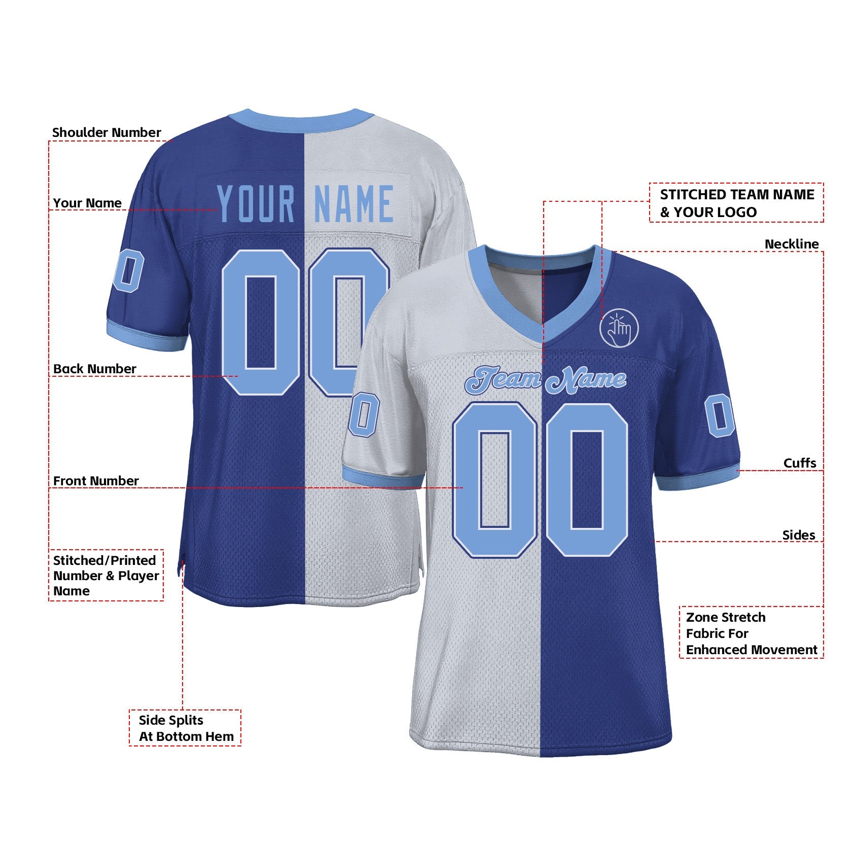 Custom Royal Light Blue-White Mesh Split Fashion Classic Style Authentic Sports Football Jersey