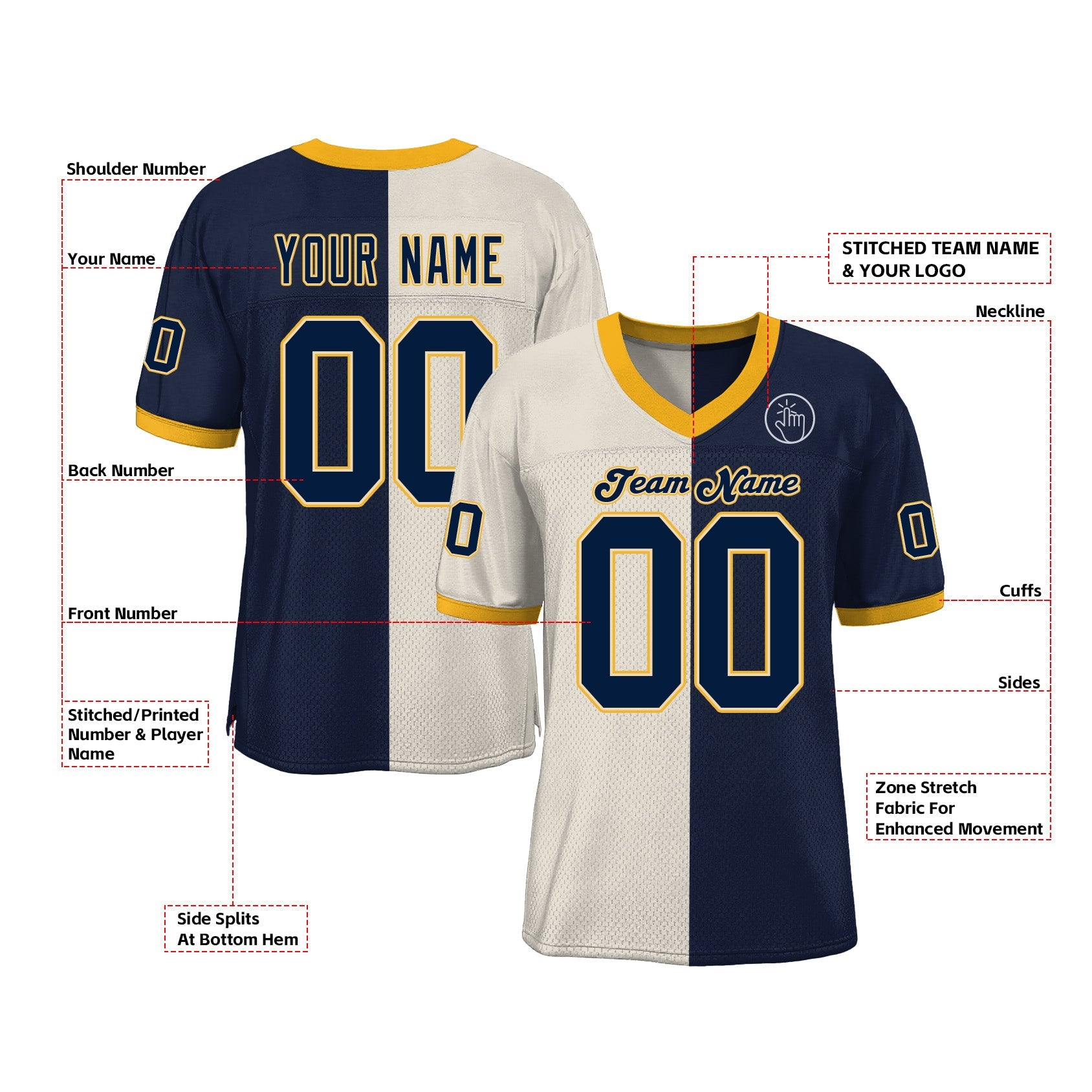 Custom Cream Navy-Gold Mesh Split Fashion Classic Style Authentic Sports Football Jersey