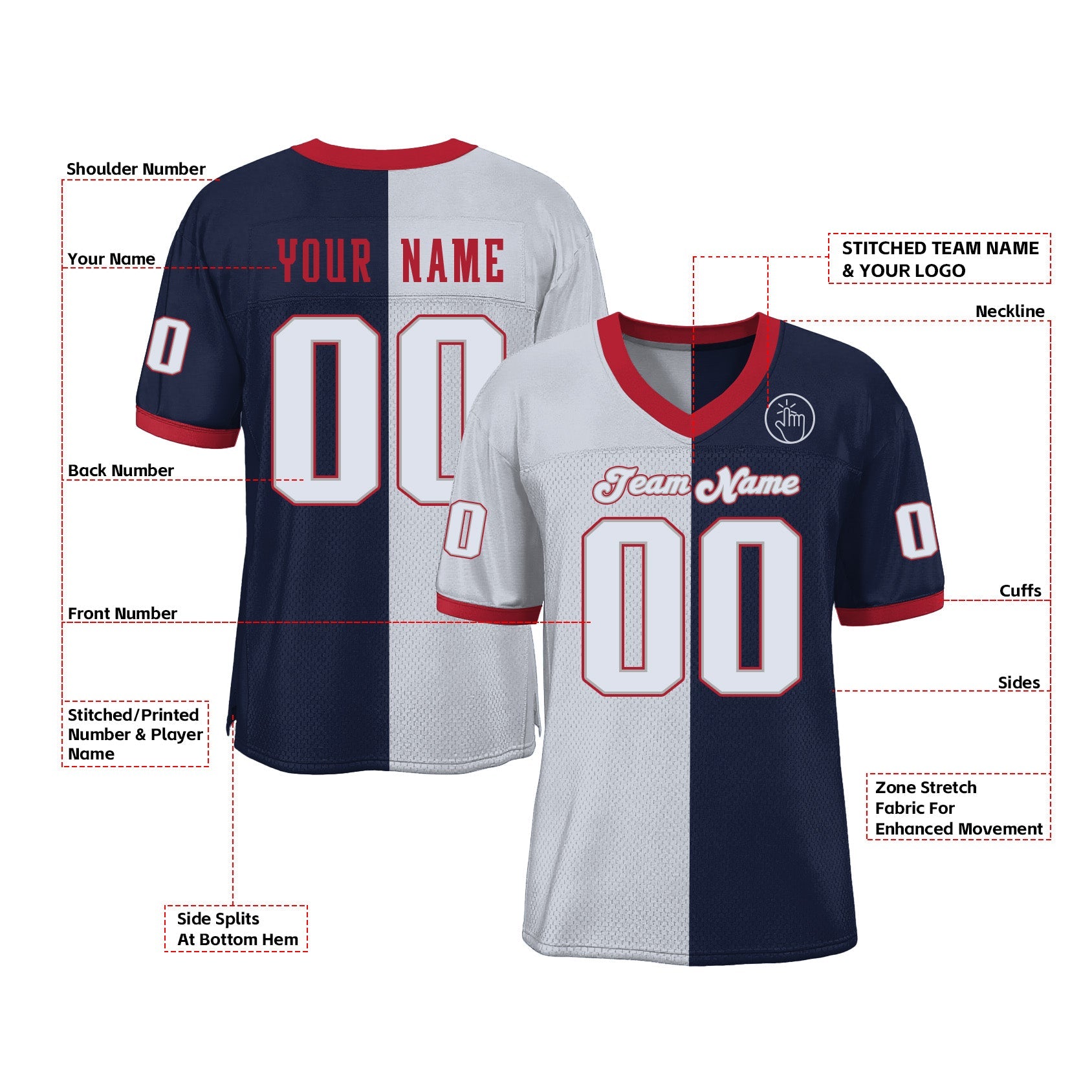 Custom Navy White-Scarlet Mesh Split Fashion Classic Style Authentic Sports Football Jersey