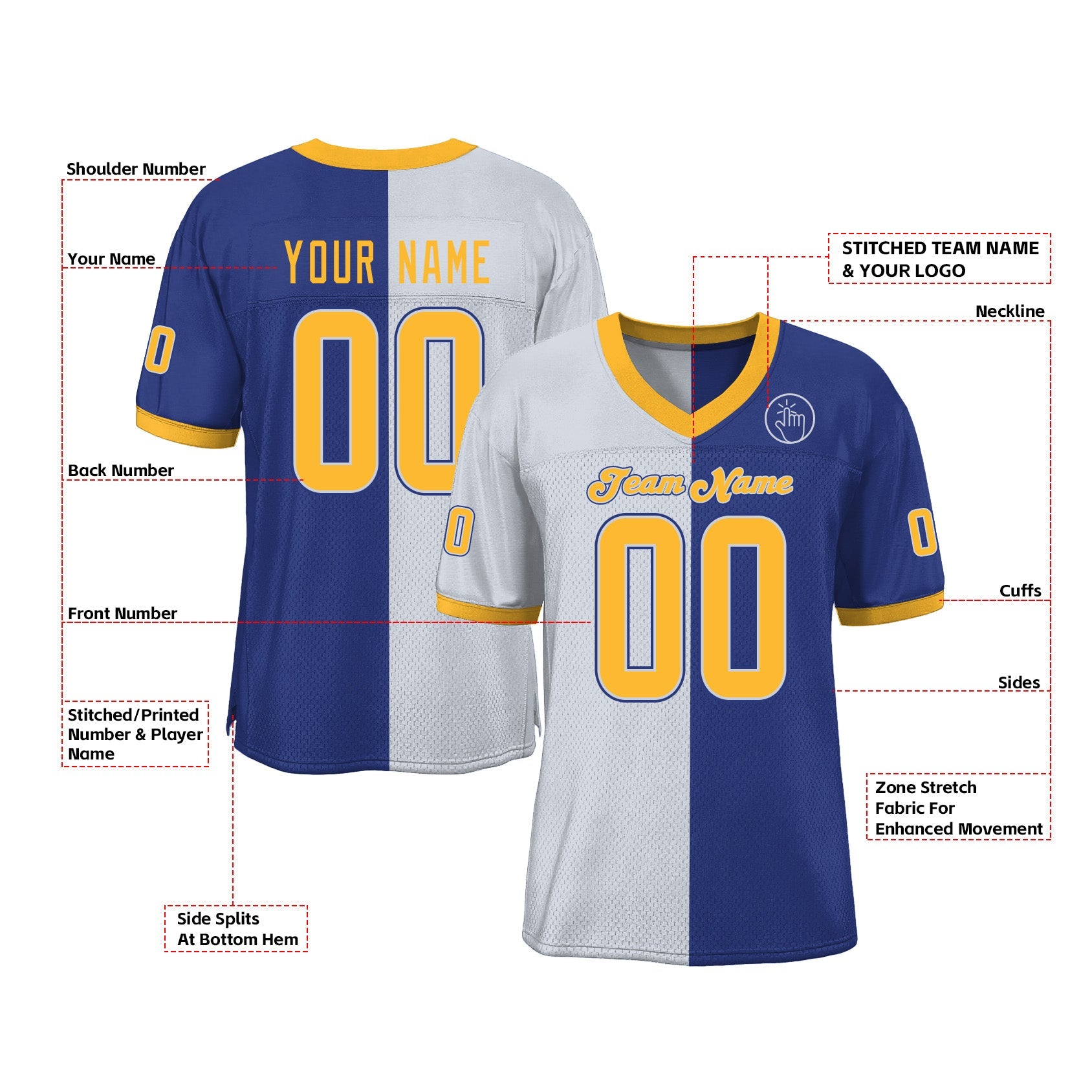 Custom Royal Gold-White Mesh Split Fashion Classic Style Authentic Sports Football Jersey
