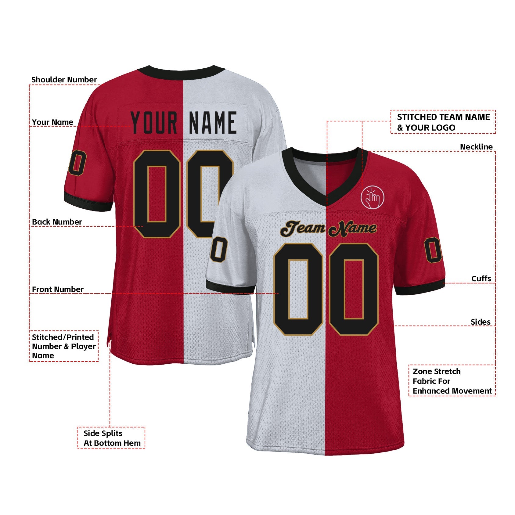 Custom Red Black-White Mesh Split Fashion Classic Style Authentic Sports Football Jersey
