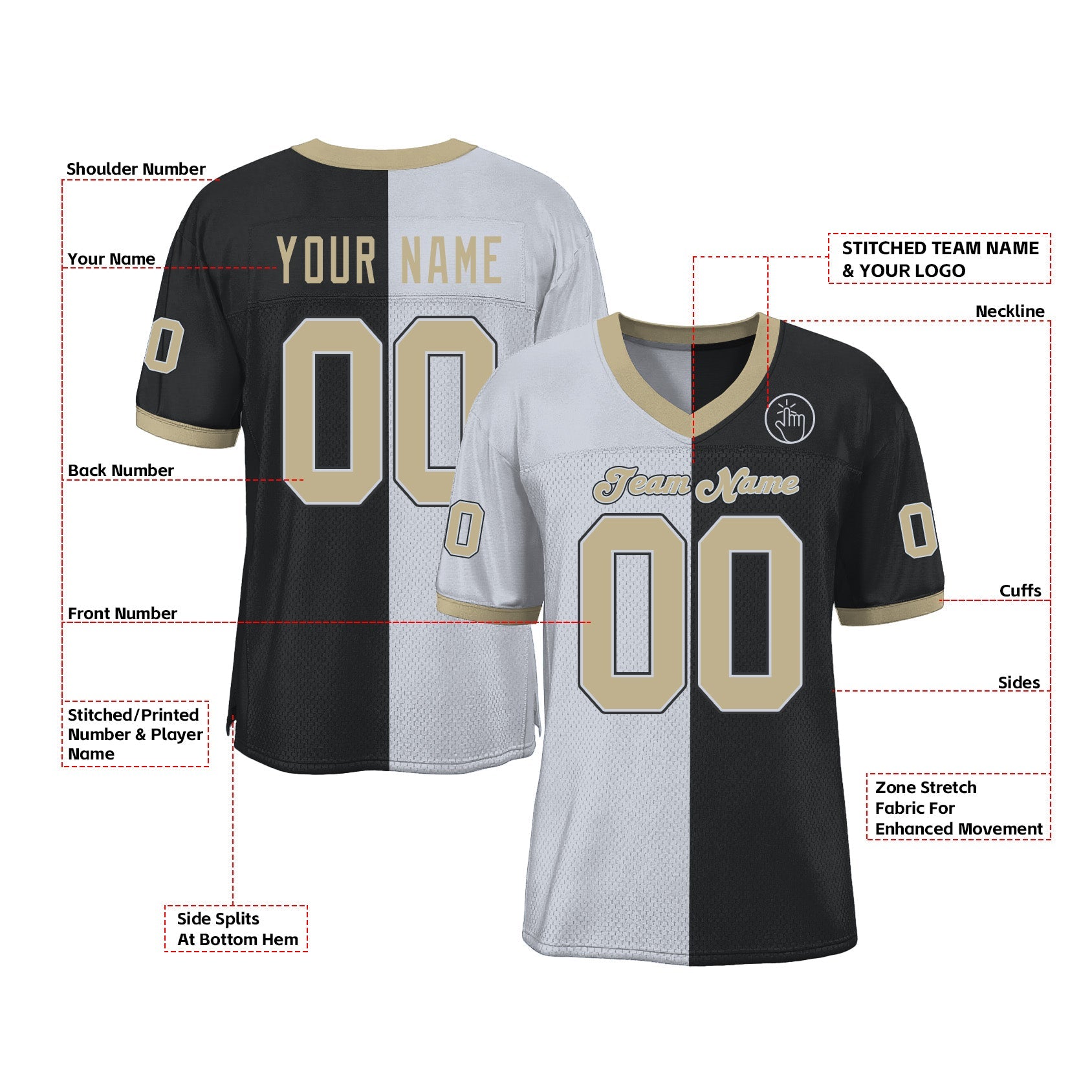 Custom Black Vegas Gold-White Mesh Split Fashion Classic Style Authentic Sports Football Jersey