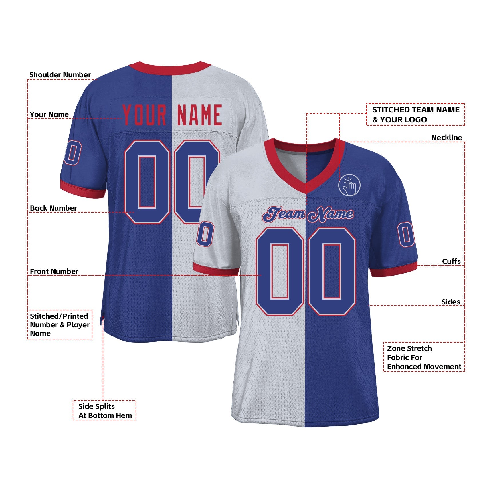 Custom White Royal-Scarlet Mesh Split Fashion Classic Style Authentic Sports Football Jersey