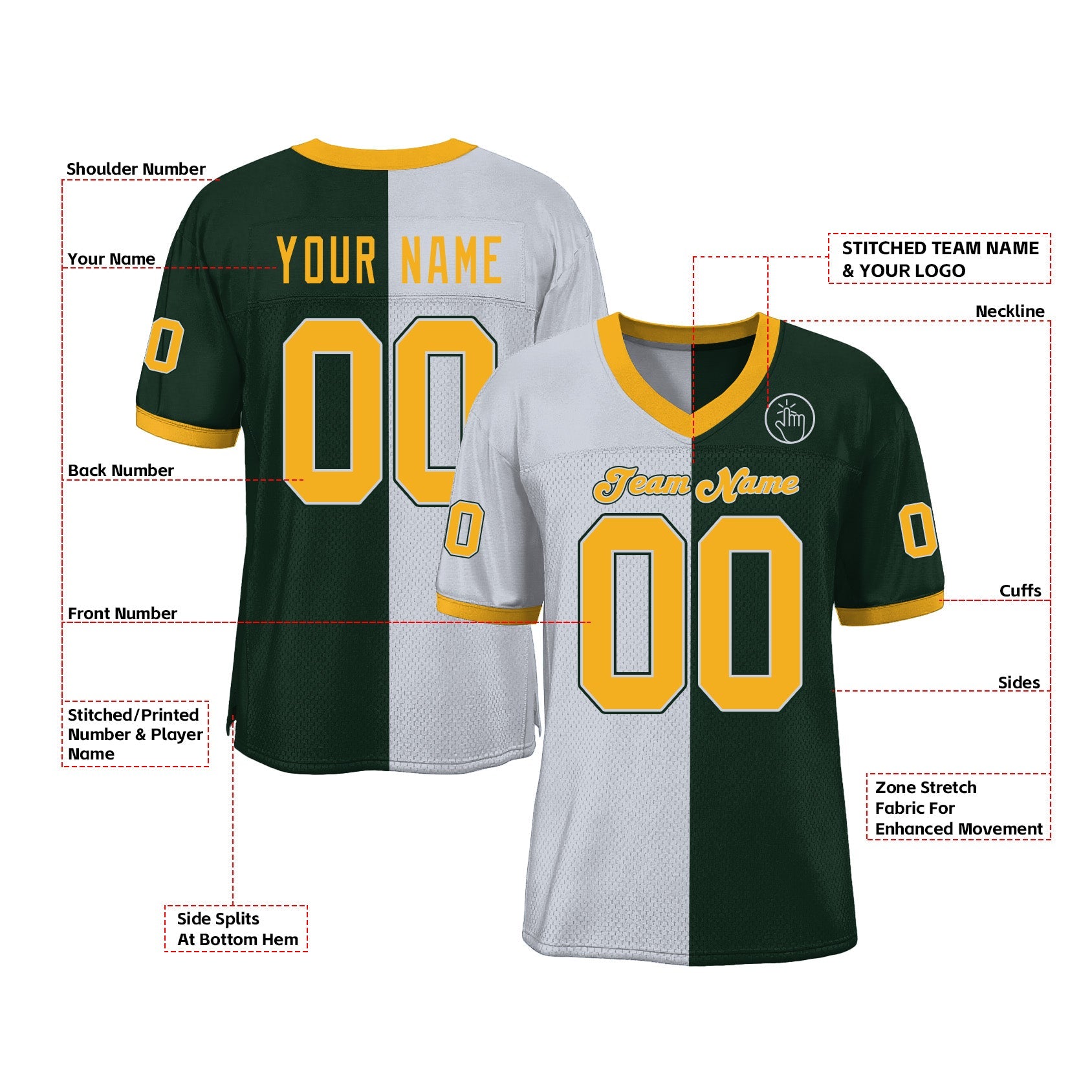 Custom Green Gold-White Mesh Split Fashion Classic Style Authentic Sports Football Jersey