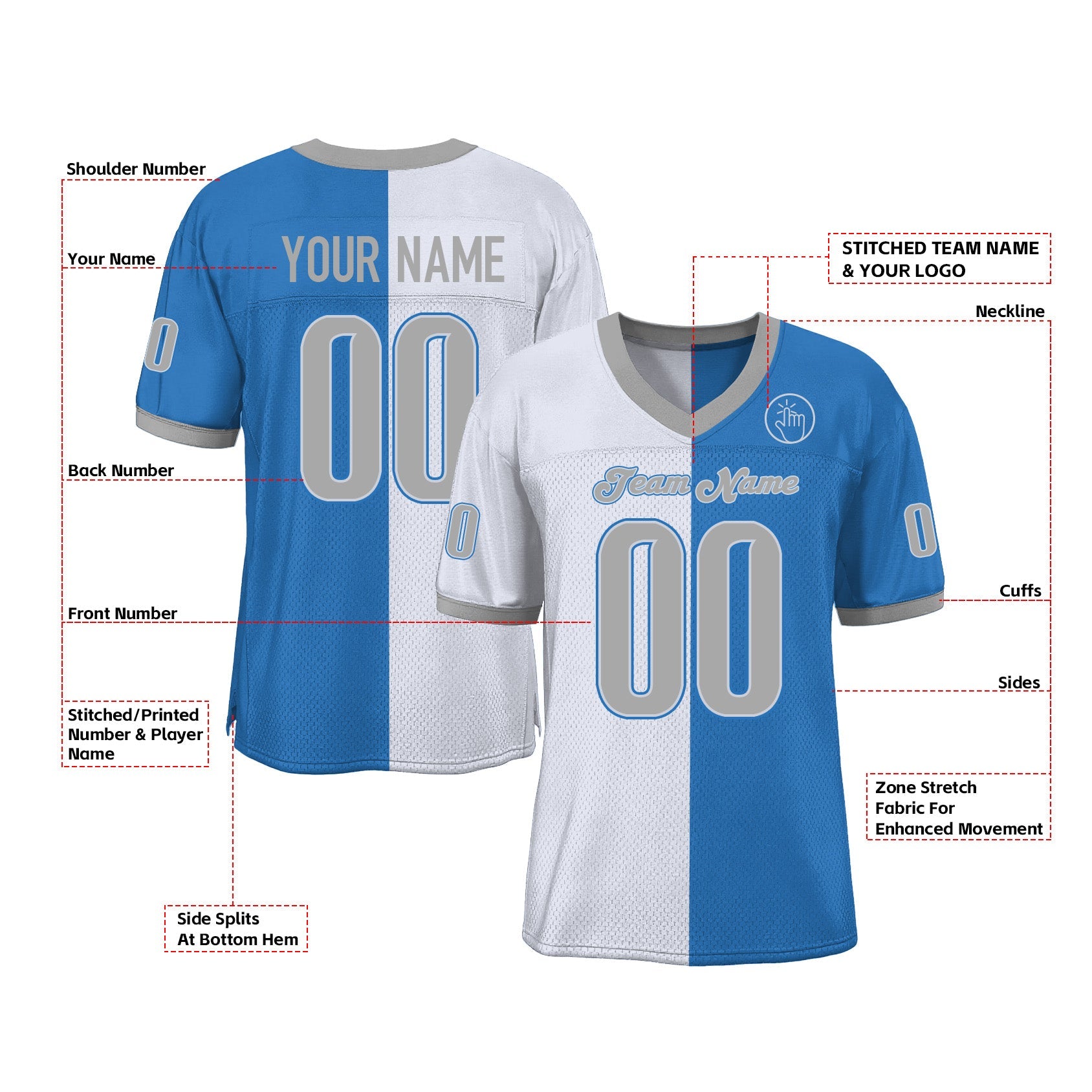 Custom Powder Blue Gray-White Mesh Split Fashion Classic Style Authentic Sports Football Jersey