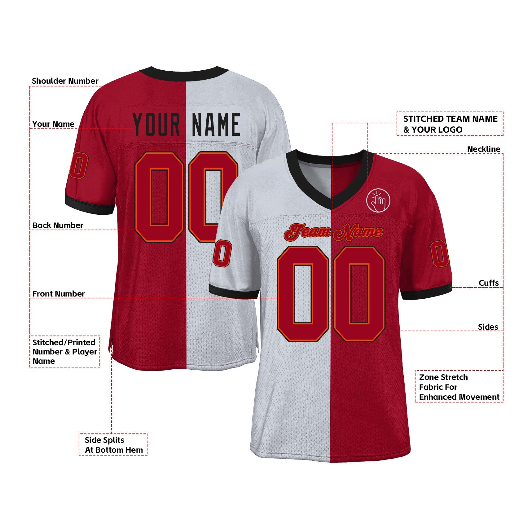 Custom White Red-Black Mesh Split Fashion Classic Style Authentic Sports Football Jersey