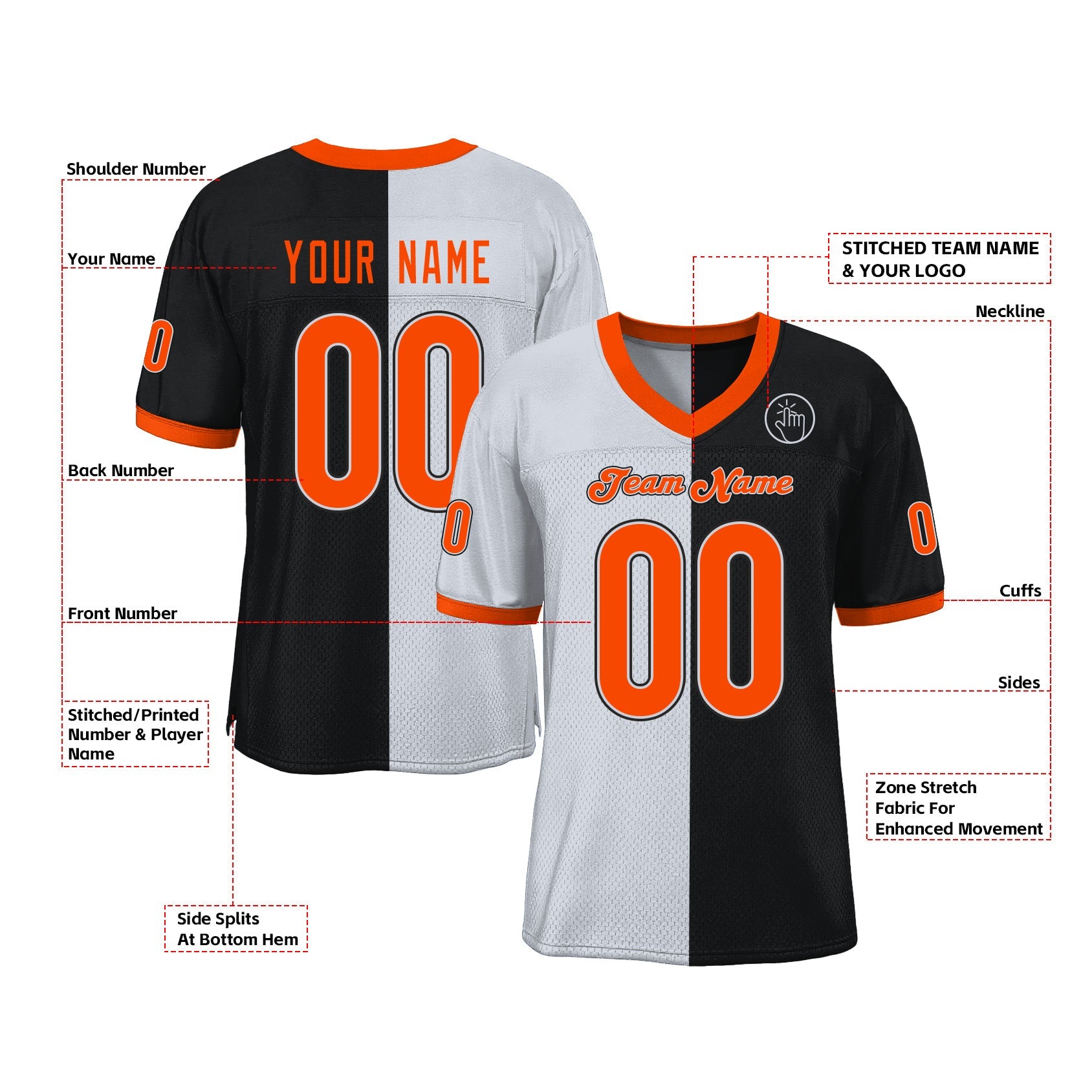 Custom Black Orange-White Mesh Split Fashion Classic Style Authentic Sports Football Jersey