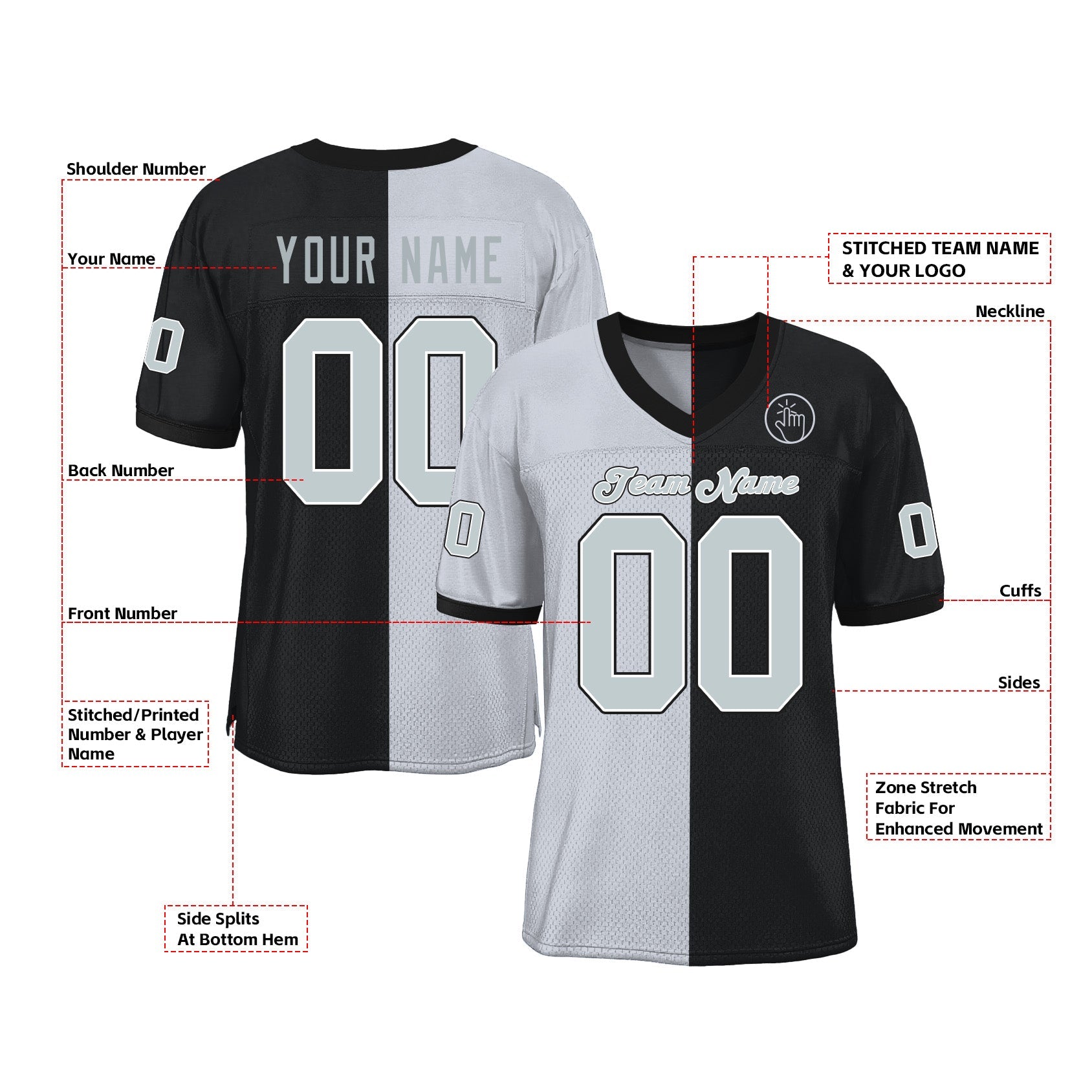 Custom Black Silver-White Mesh Split Fashion Classic Style Authentic Sports Football Jersey