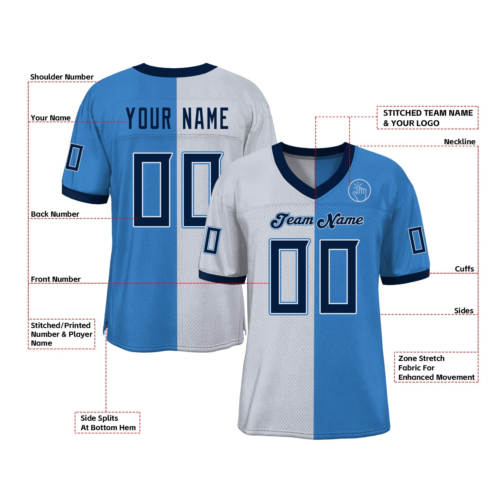 Custom Powder Blue Navy-White Mesh Split Fashion Classic Style Authentic Sports Football Jersey