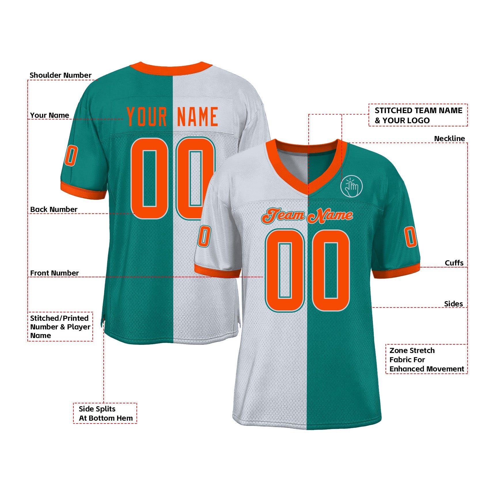 Custom Aqua Orange-White Mesh Split Fashion Classic Style Authentic Sports Football Jersey