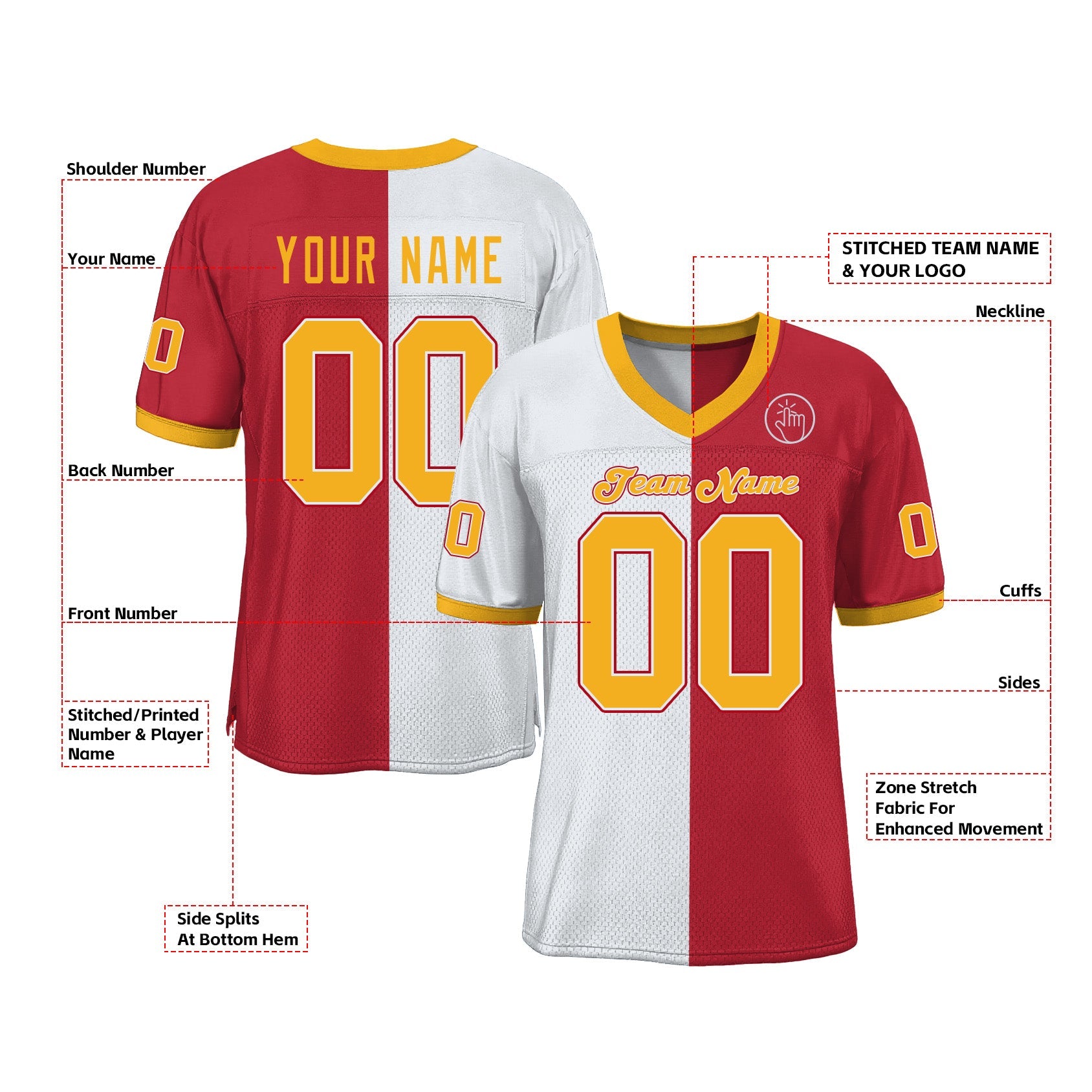 Custom Scarlet Gold-White Mesh Split Fashion Classic Style Authentic Sports Football Jersey