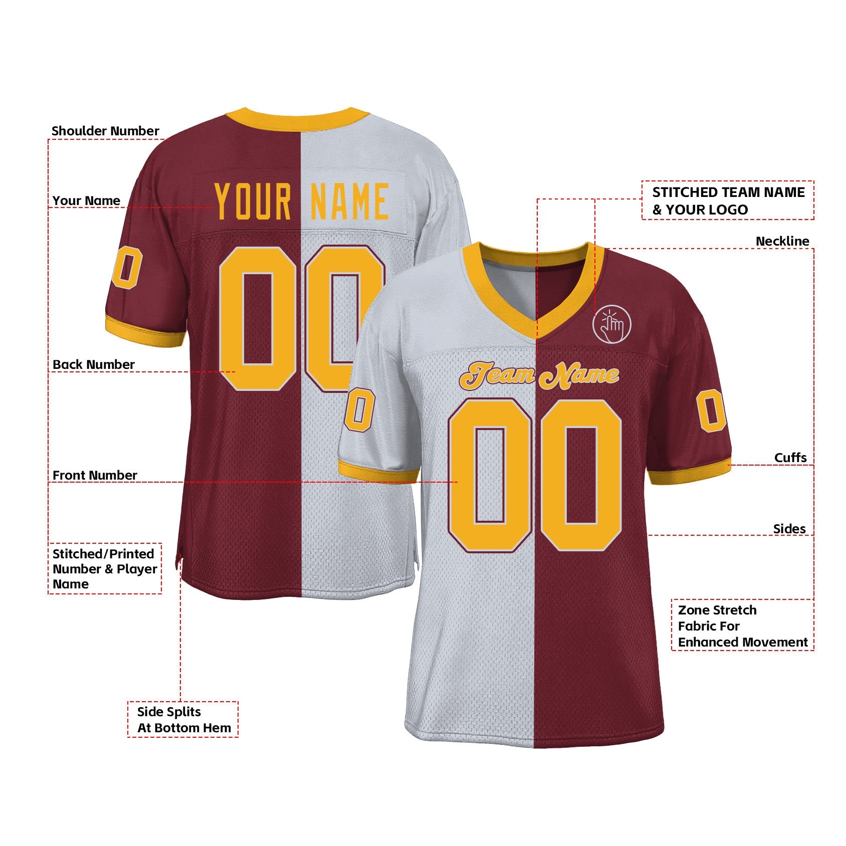 Custom Burgundy Gold-White Mesh Split Fashion Classic Style Authentic Sports Football Jersey