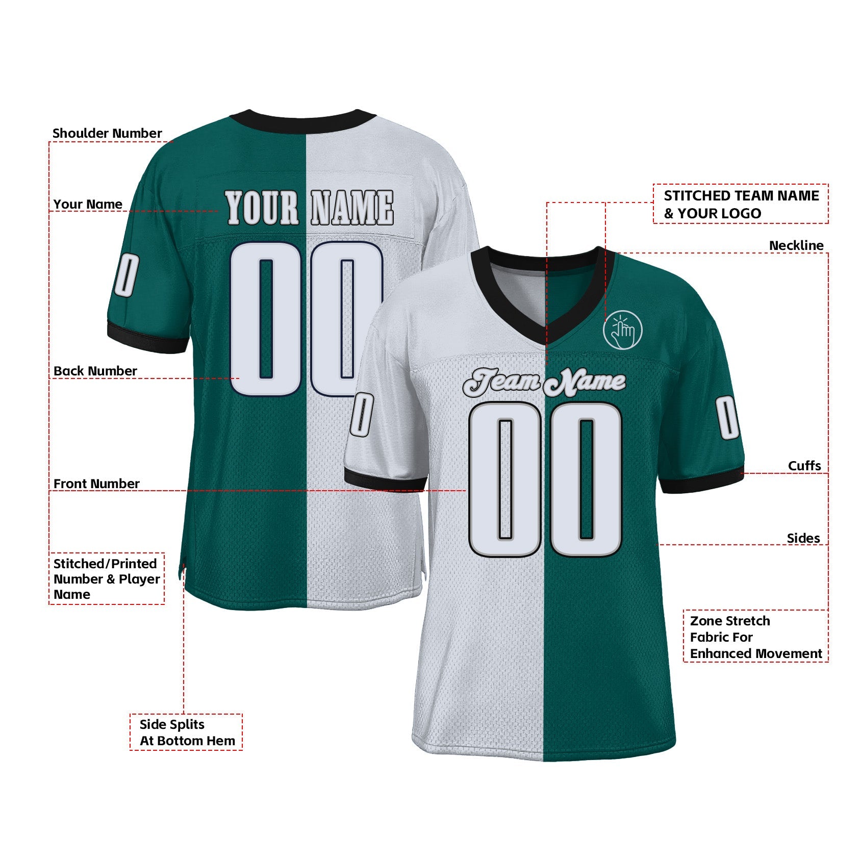 Custom Midnight Green White-Black Mesh Split Fashion Classic Style Authentic Sports Football Jersey