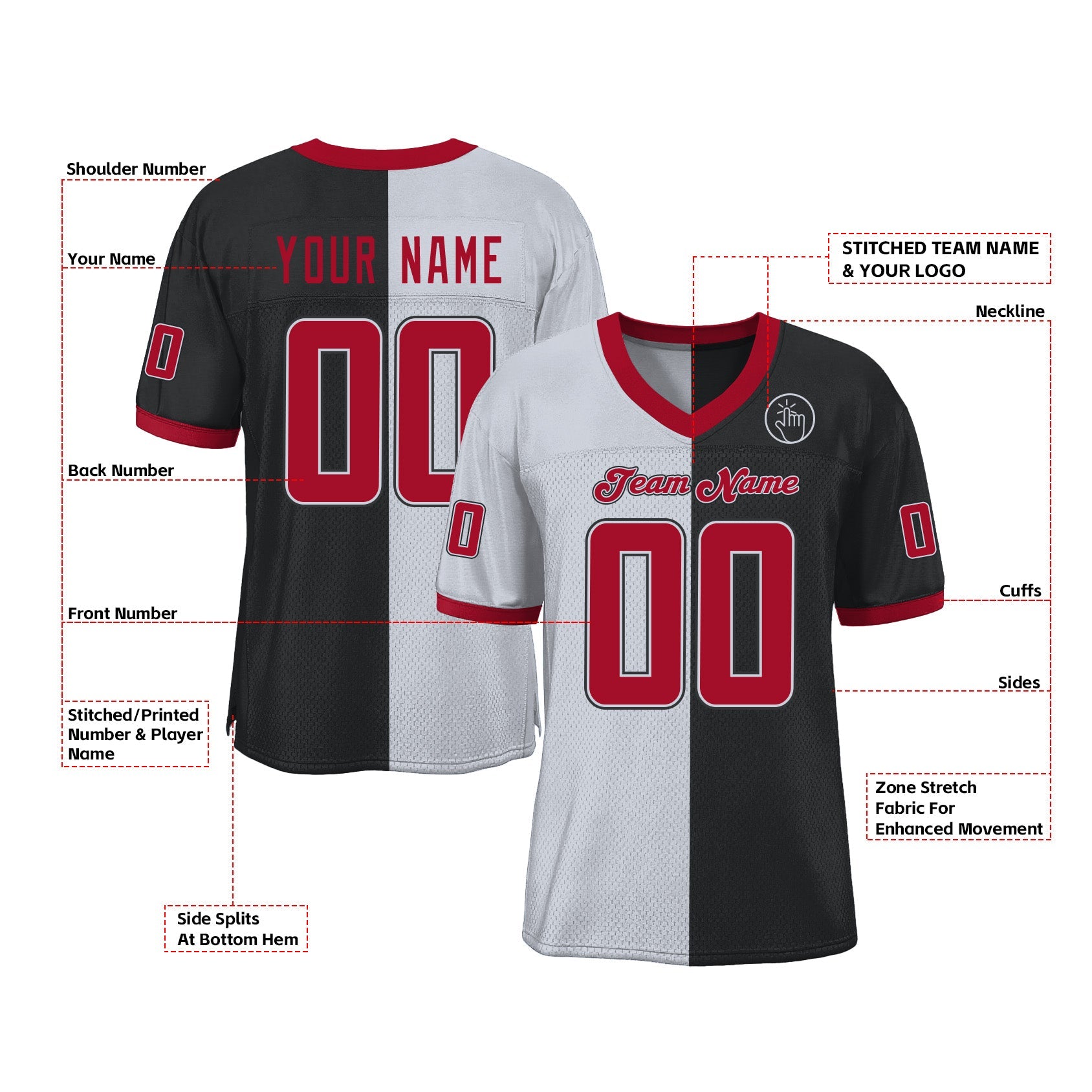Custom Black Red-White Mesh Split Fashion Classic Style Authentic Sports Football Jersey