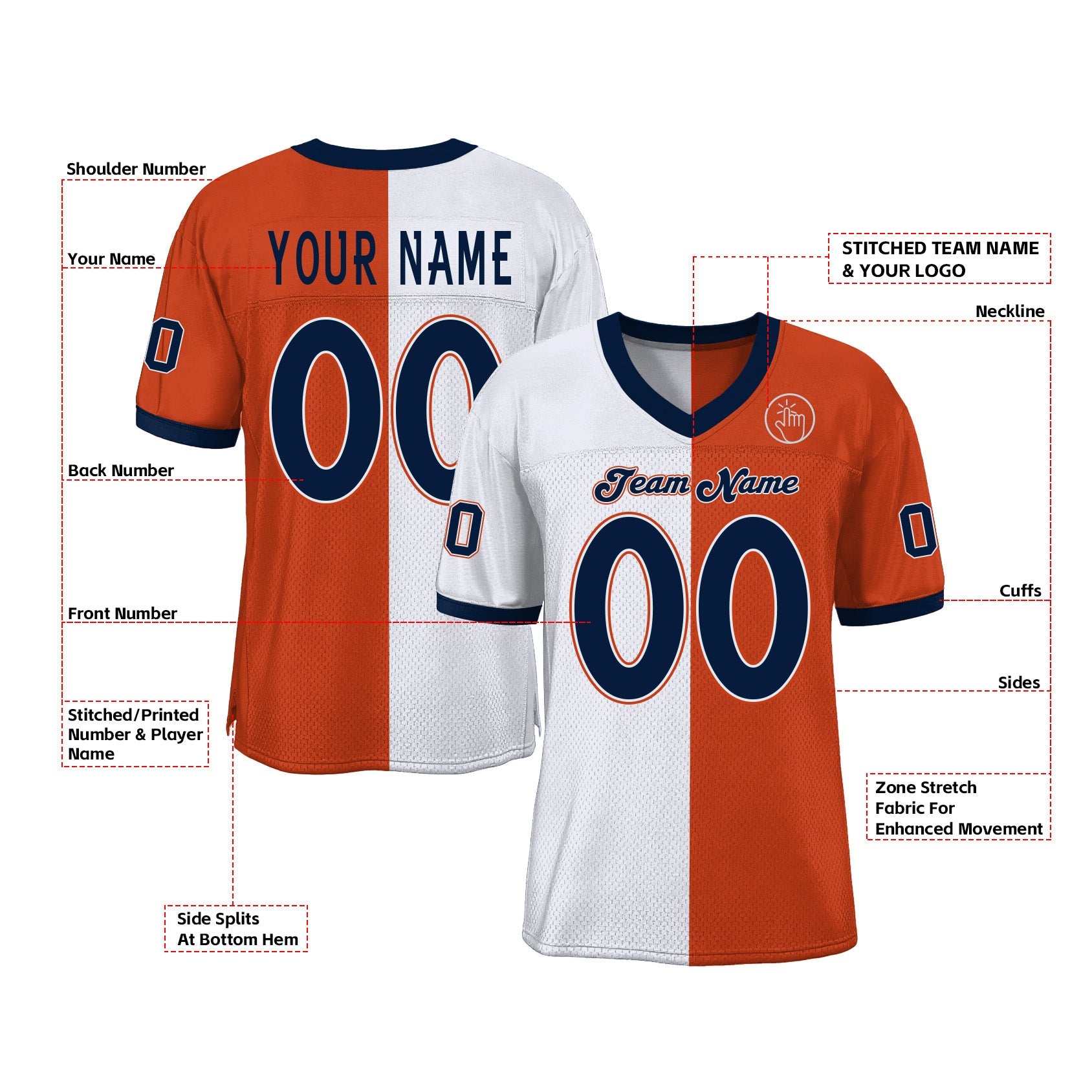 Custom Orange Navy-White Mesh Split Fashion Classic Style Authentic Sports Football Jersey