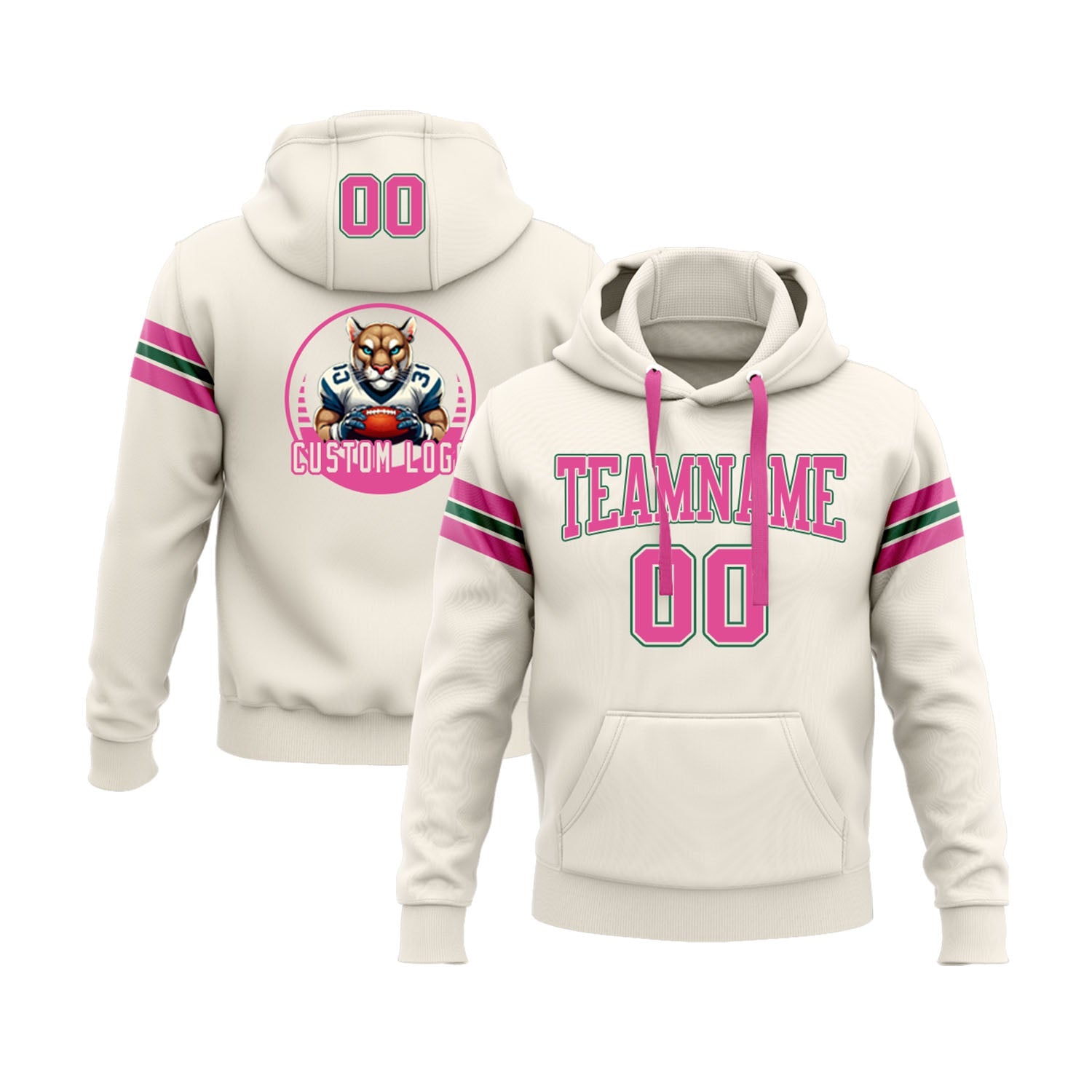 Custom Cream Pink-Kelly Green Personalized Sports Team Embroidered Pullover Hoodie