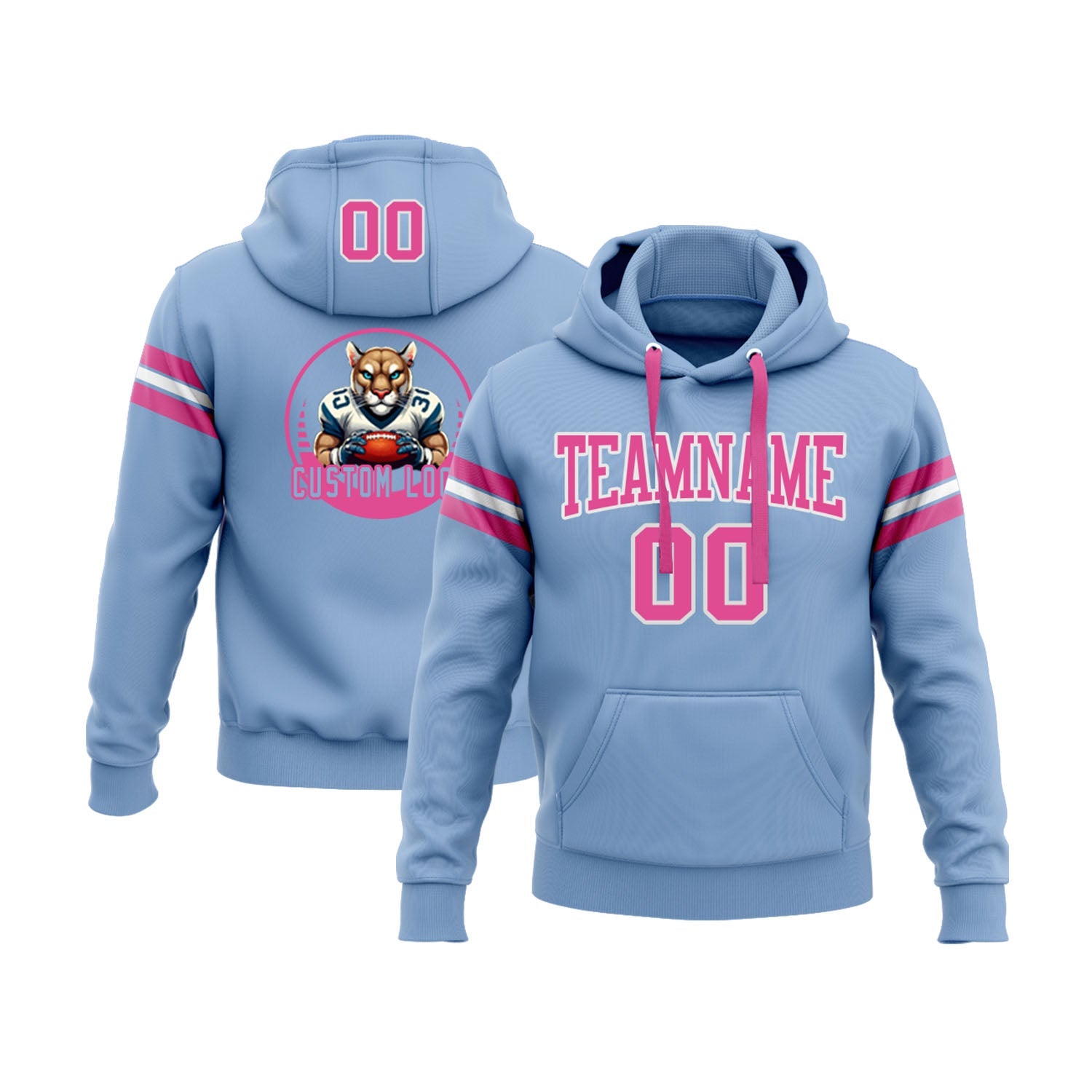 Custom Light Blue Pink-White Personalized Sports Team Embroidered Pullover Hoodie