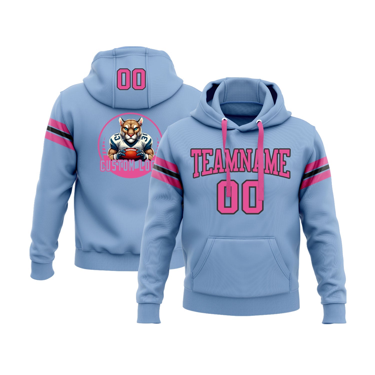 Custom Light Blue Pink-Black Personalized Sports Team Embroidered Pullover Hoodie
