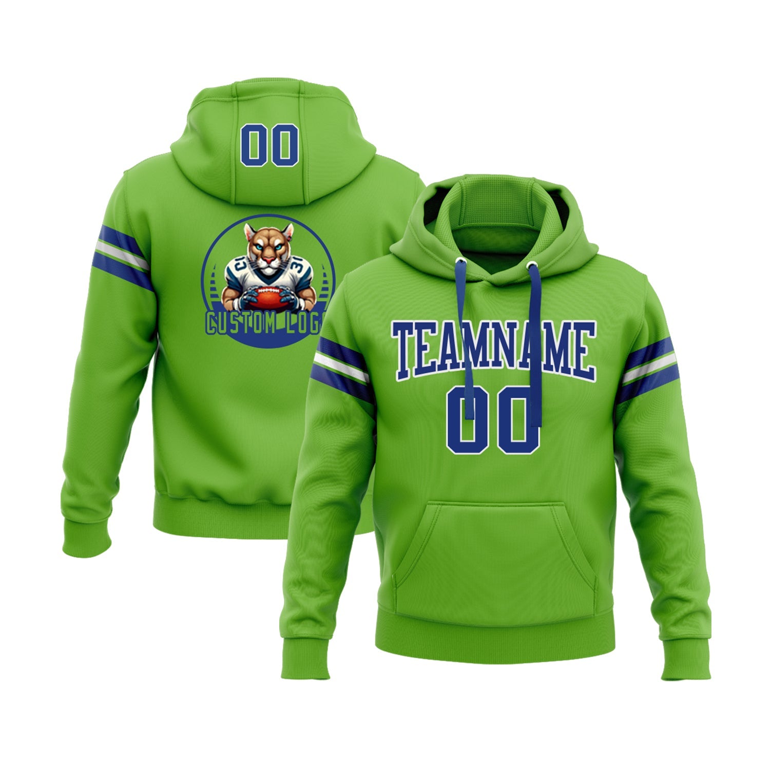 Custom Neon Green Royal-White Personalized Sports Team Embroidered Pullover Hoodie