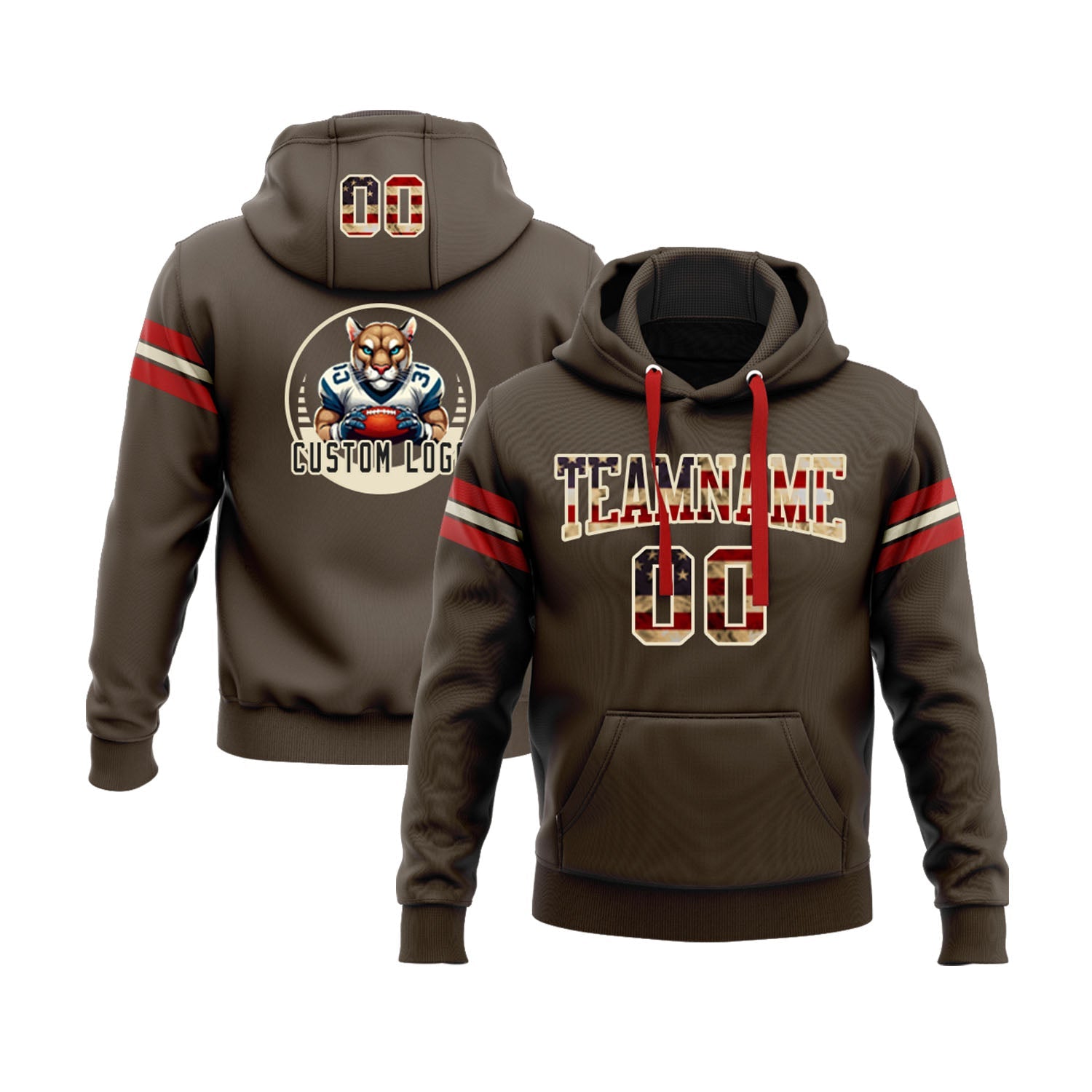 Custom Brown Vintage USA Flag Cream-Red Personalized Sports Team Embroidered Pullover Hoodie