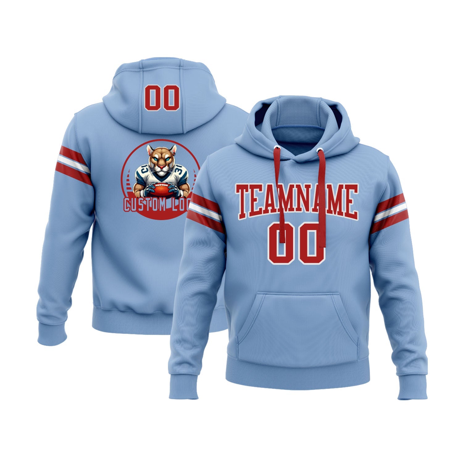 Custom Light Blue Red-White Personalized Sports Team Embroidered Pullover Hoodie