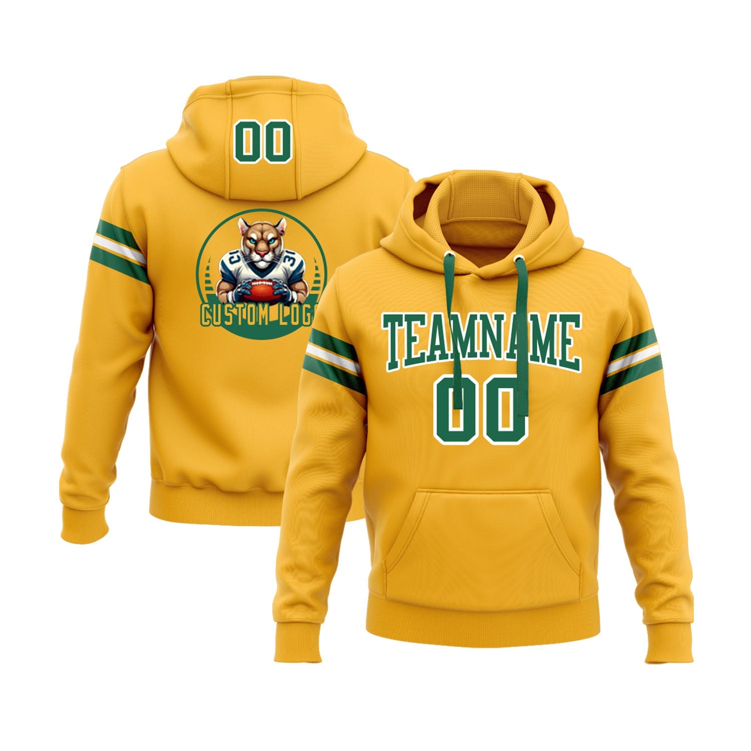 Custom Gold Kelly Green-White Personalized Sports Team Embroidered Pullover Hoodie