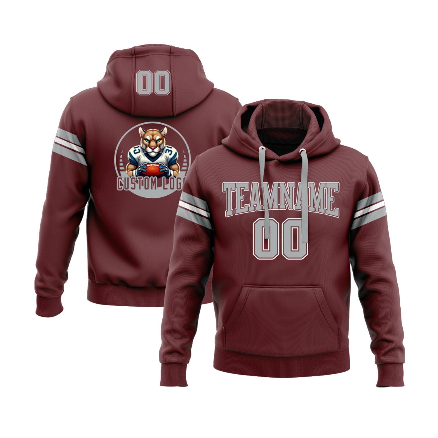 Custom Burgundy Gray-White Personalized Sports Team Embroidered Pullover Hoodie