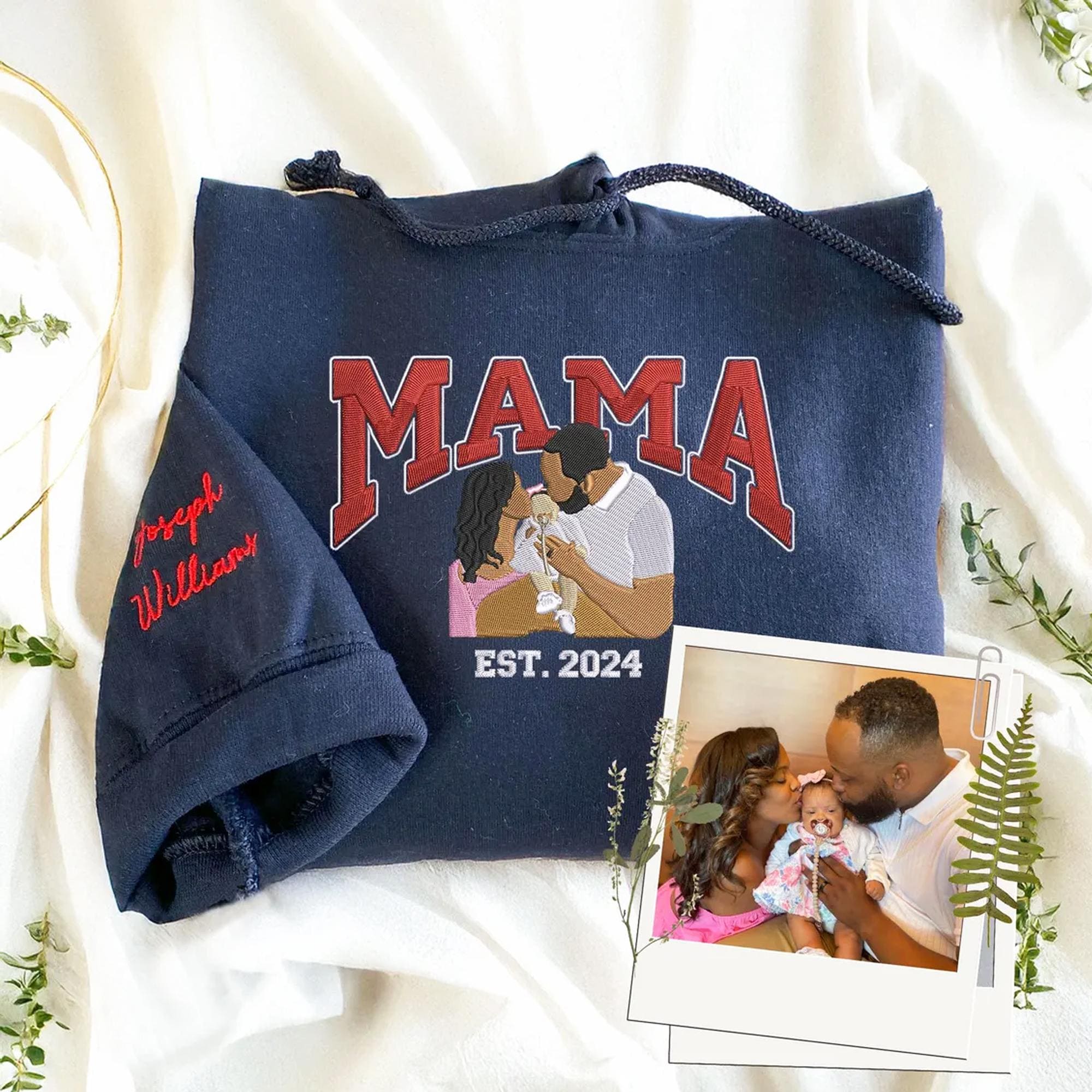 Custom Embroidered Mama Portrait Photo Sweatshirt with Kid Name on Sleeve | Mother's Day Gift