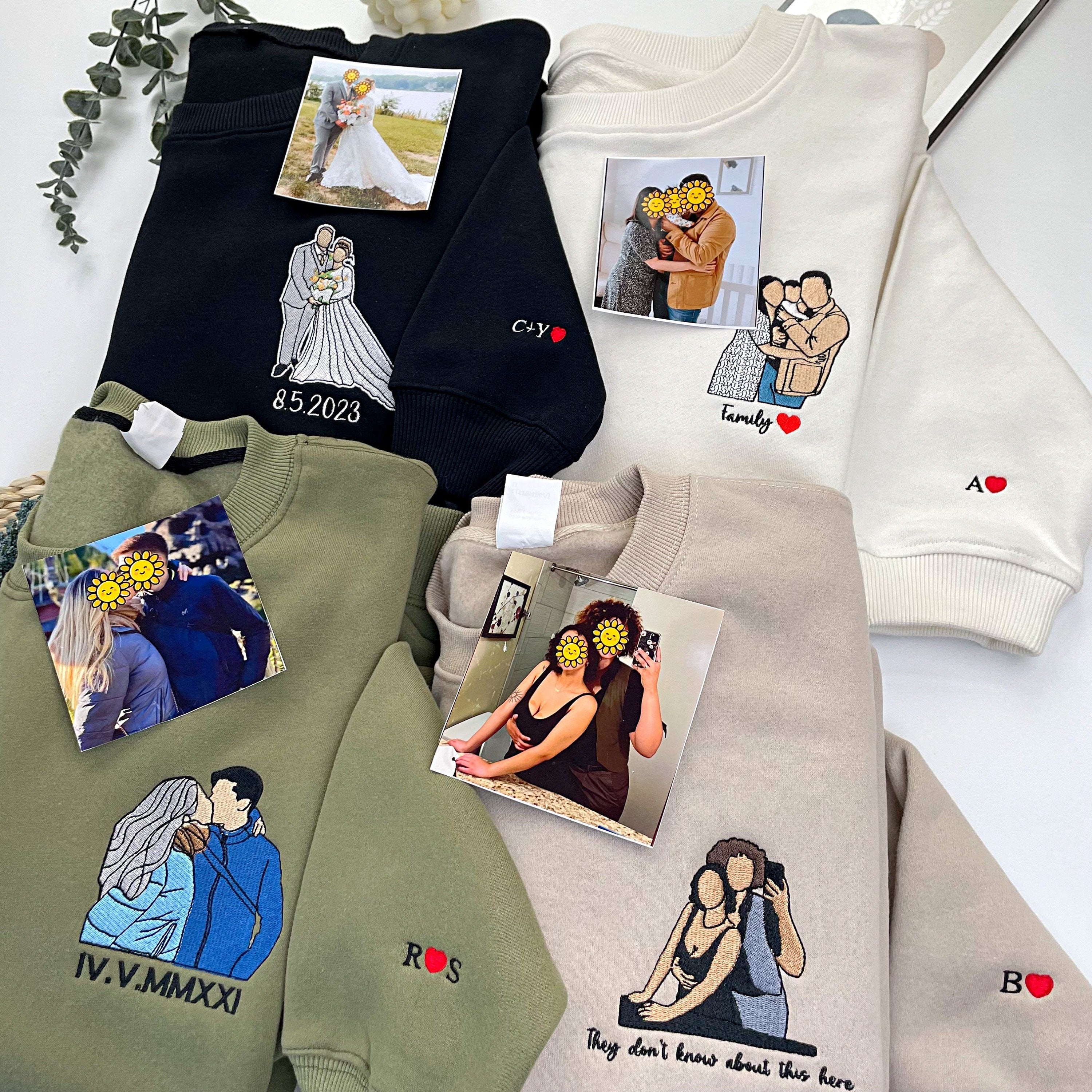 Custom Embroidered Sweatshirt Portrait Couple Family Gift | Couple Anniversary Gift