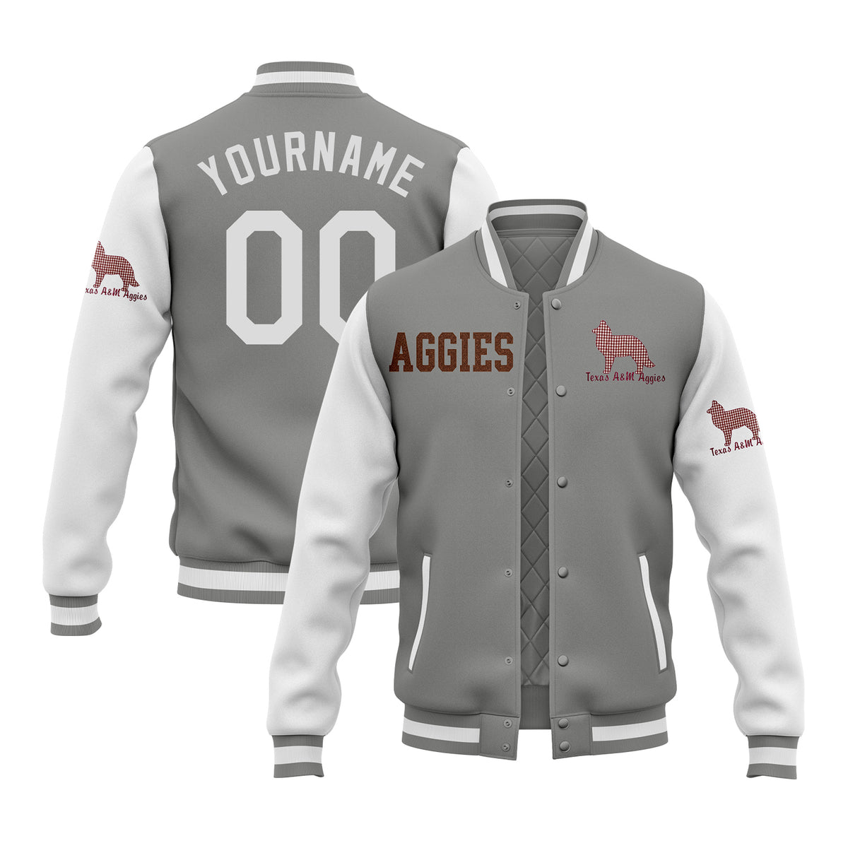 Custom Texas A&M Aggies Two Tone Glitter Team Mascot Varsity Letterman Team Jacket For Game Day