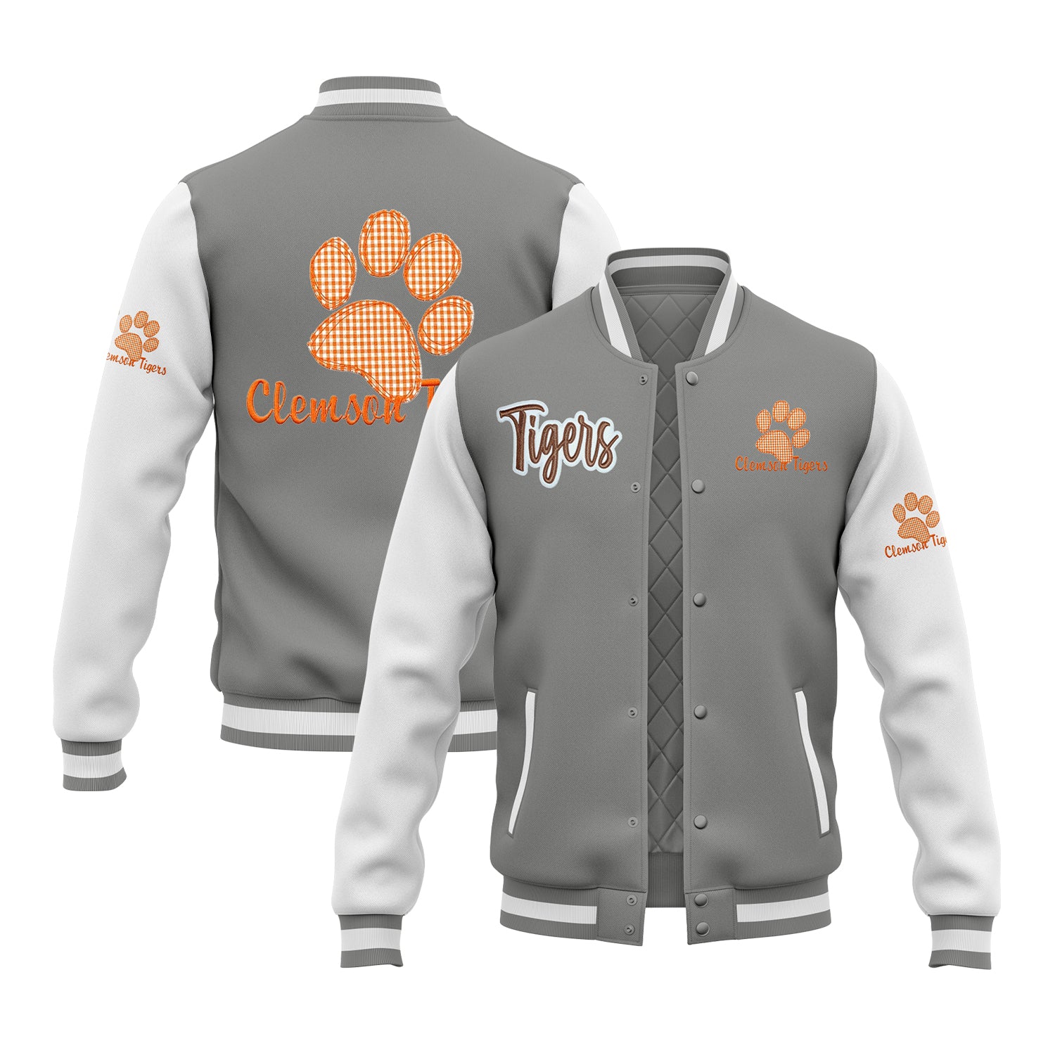 Custom Clemson Tigers Two Tone Glitter Team Mascot Varsity Letterman Team Jacket For Game Day