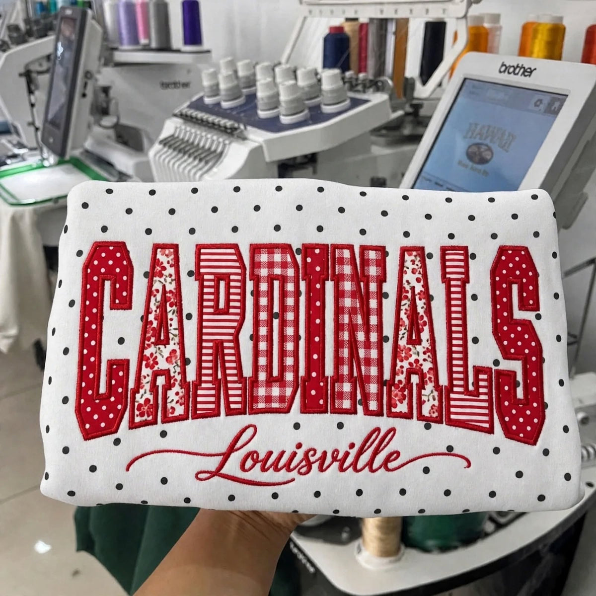 Custom College Football Team Patchwork Fabric Embroidered Polka Dot Sweatshirt Team and School Name Applique Varsity Letters | Game Day Wear