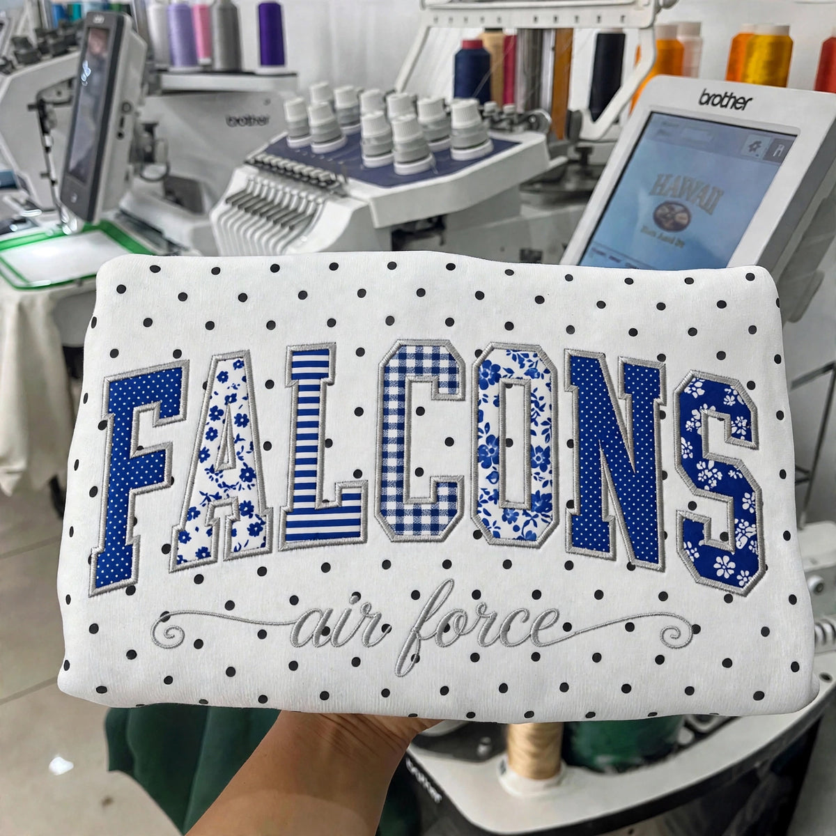 Custom College Hockey Team Patchwork Embroidered Polka Dot Sweatshirt | Hockey Fan Game Day Gear