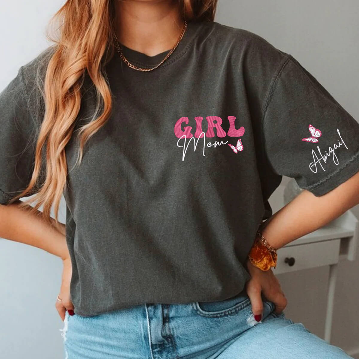 Custom Embroidered Girl Mom T-shirt/Sweatshirt with Butterfly-Personalized Nickname with Kids' Names on Sleeve, Mother's Day Gift