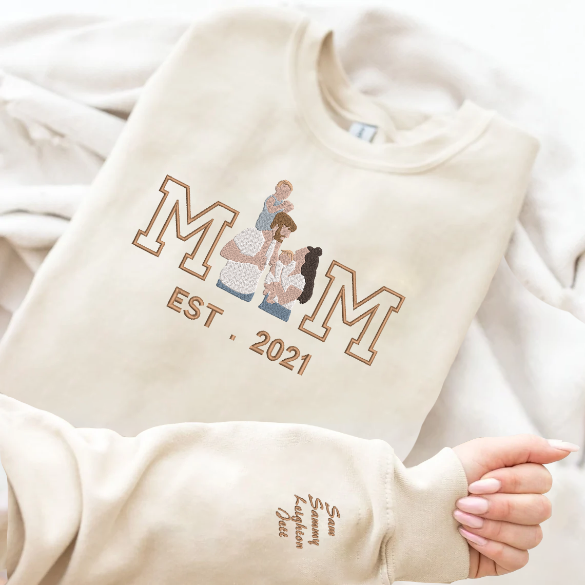 Mother's Day Custom Embroidered Family Photo Hoodie Sweatshirt T-Shirt With Kids Name | Gift For Mom